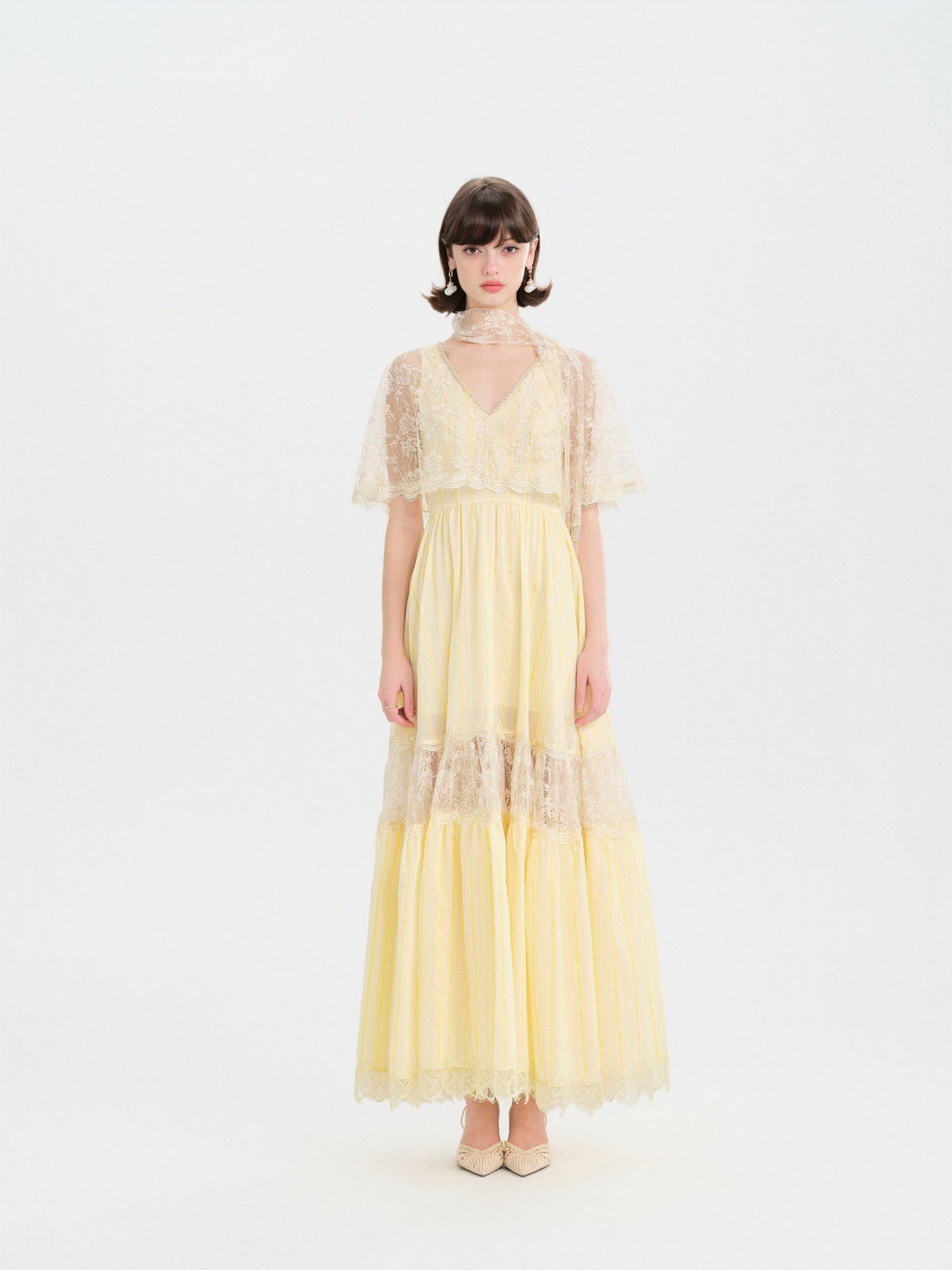 Riviera Lace Cape Illusion Maxi Dress front detail
