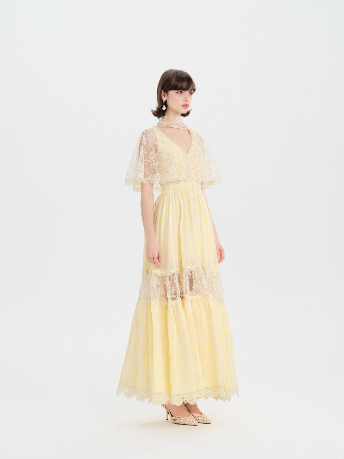 Riviera Lace Cape Illusion Maxi Dress side profile