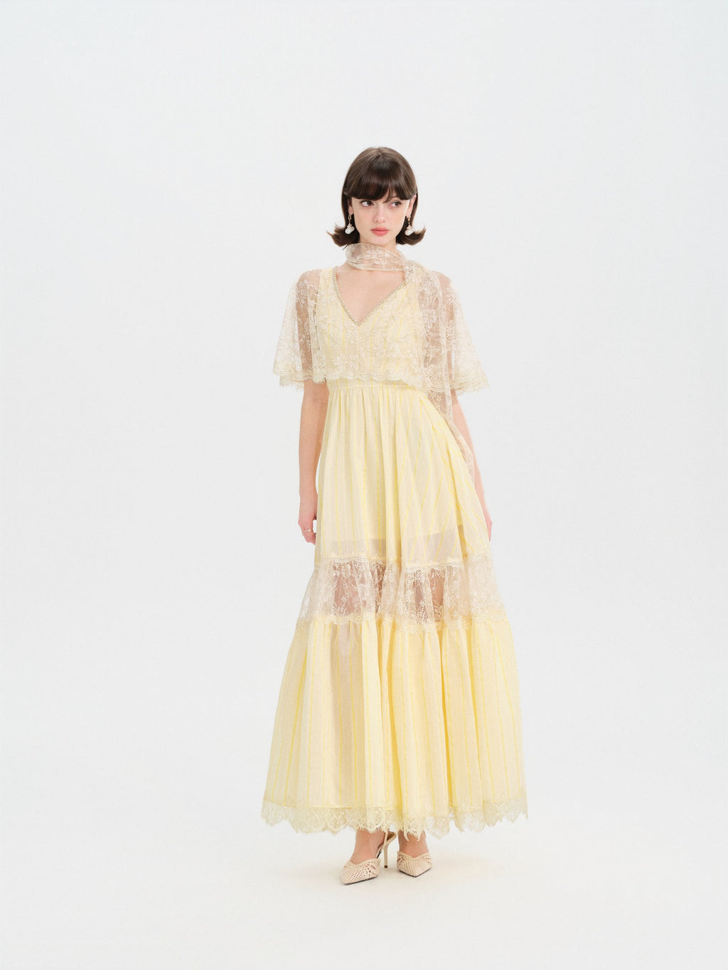 Riviera Lace Cape Illusion Maxi Dress fabric close-up