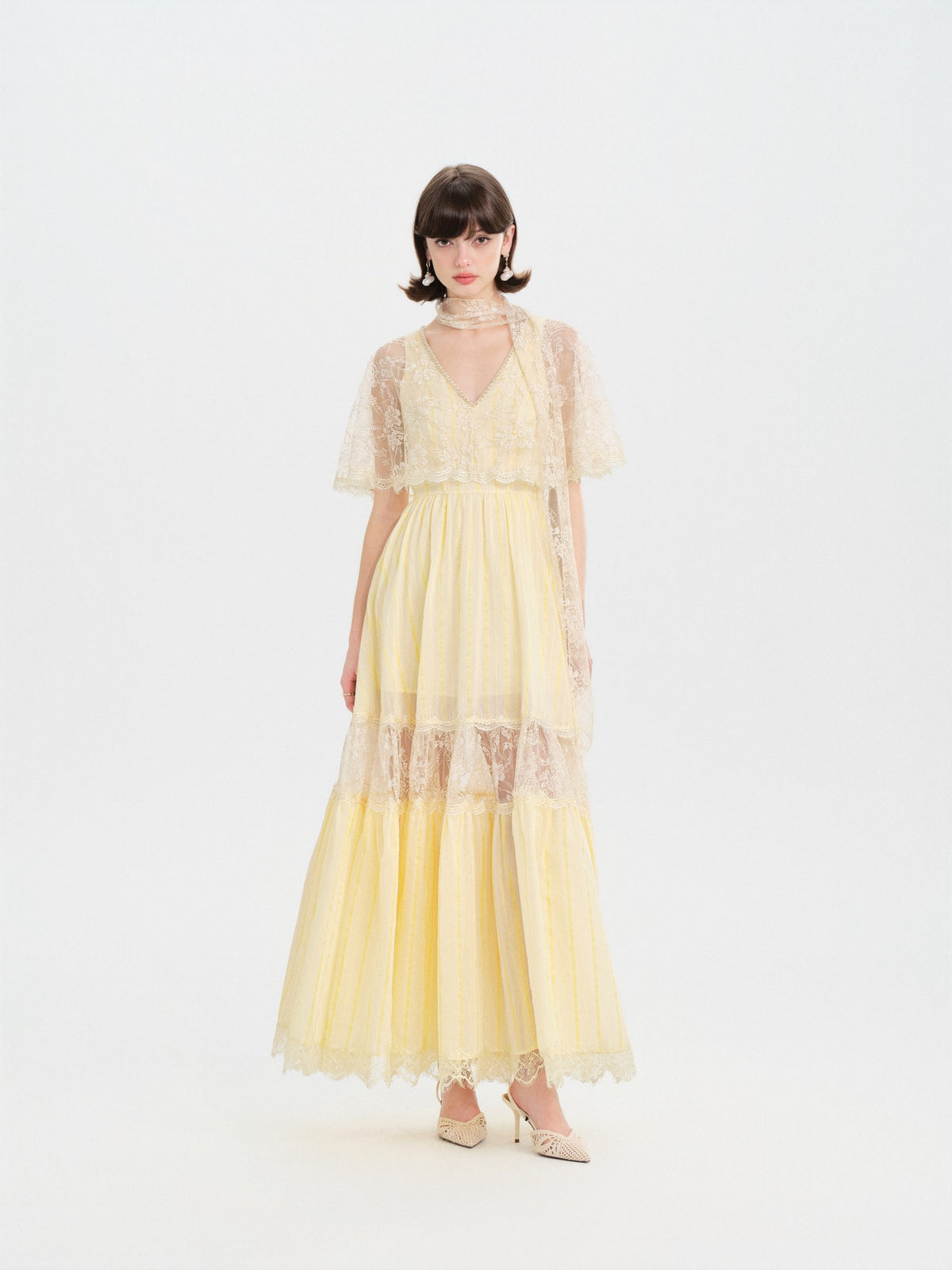 Riviera Lace Cape Illusion Maxi Dress full body