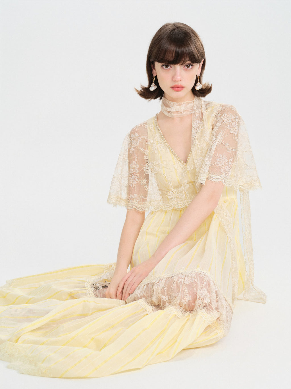 Riviera Lace Cape Illusion Maxi Dress front detail