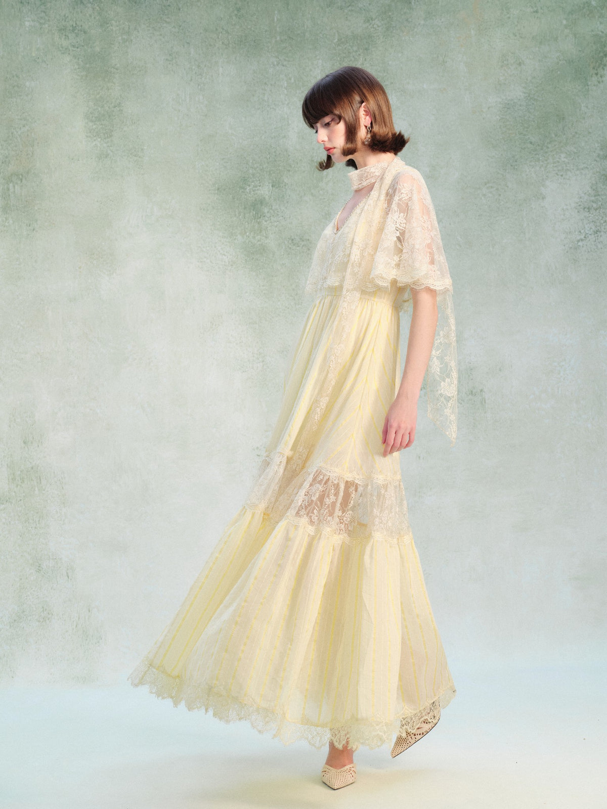 Riviera Lace Cape Illusion Maxi Dress side profile
