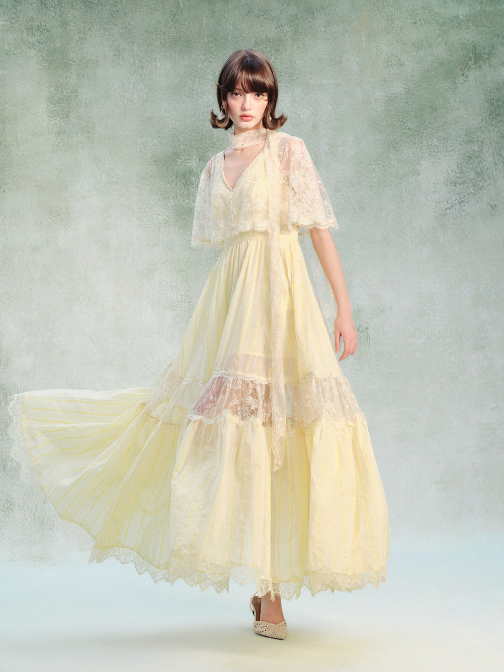 Riviera Lace Cape Illusion Maxi Dress fabric close-up