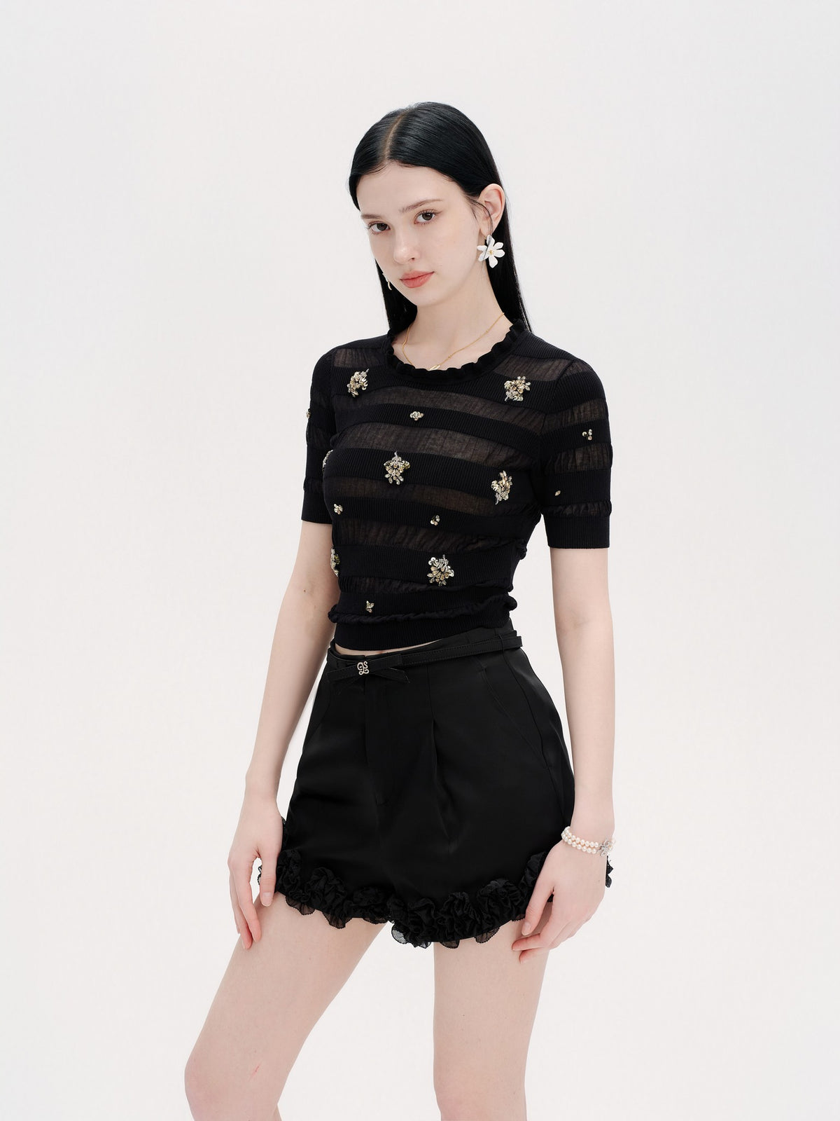Rue Cambon Openwork Striped Rhinestone Short-Sleeve Knit Top lifestyle