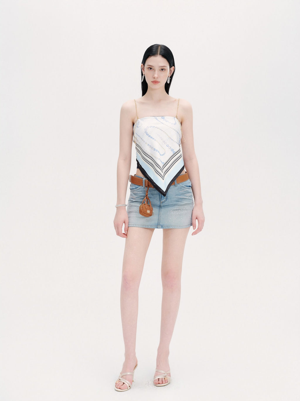 Riviera Diamond-Check Silk Scarf Bustier Top close-up