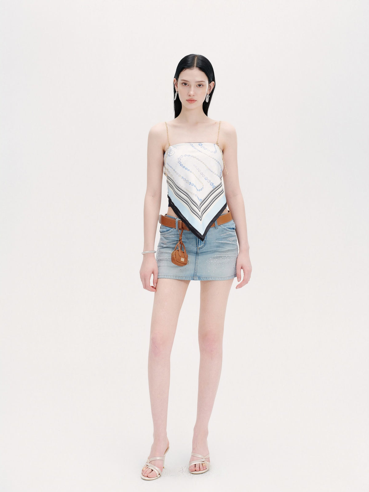 Riviera Diamond-Check Silk Scarf Bustier Top close-up