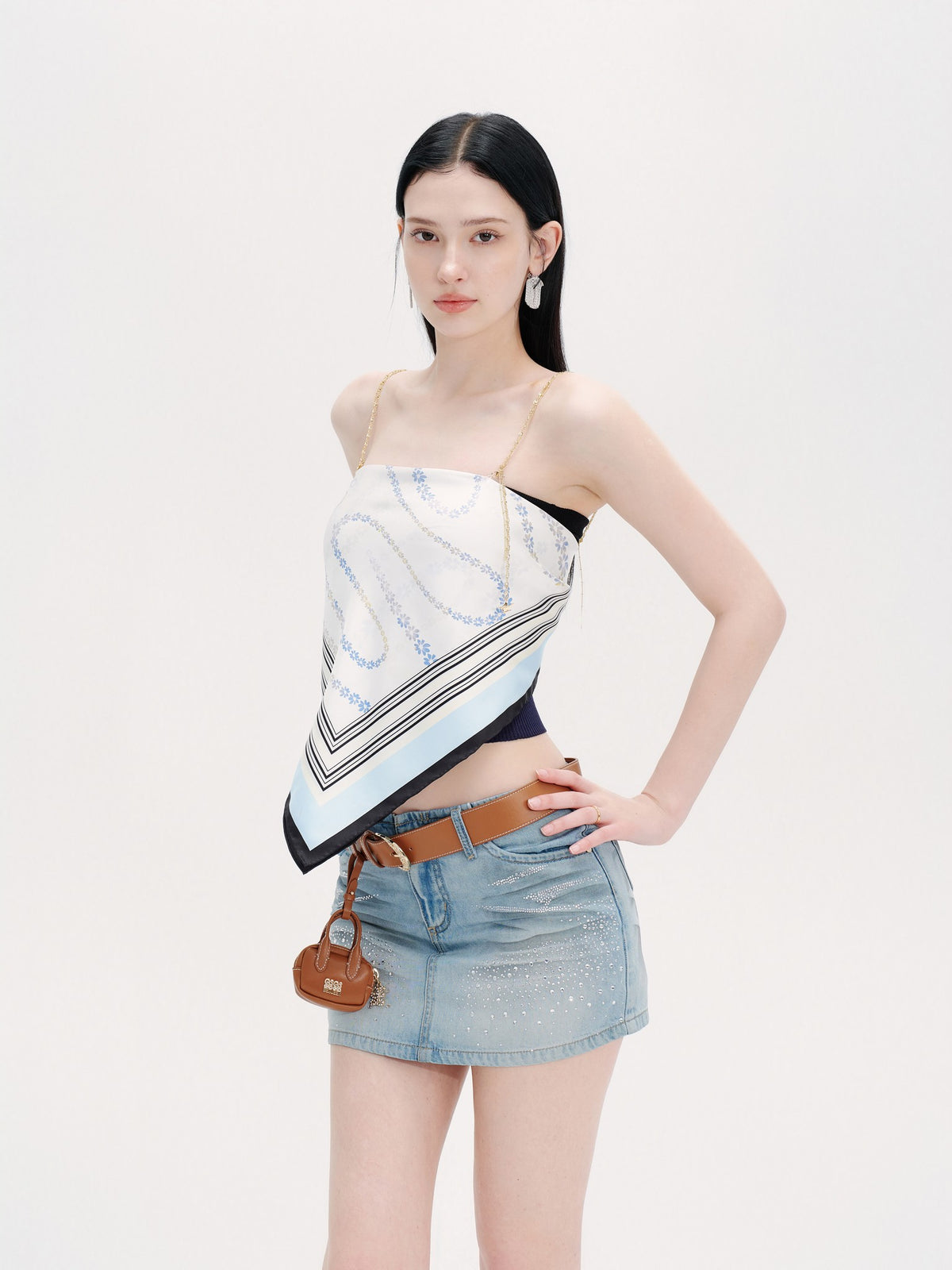 Riviera Diamond-Check Silk Scarf Bustier Top full body