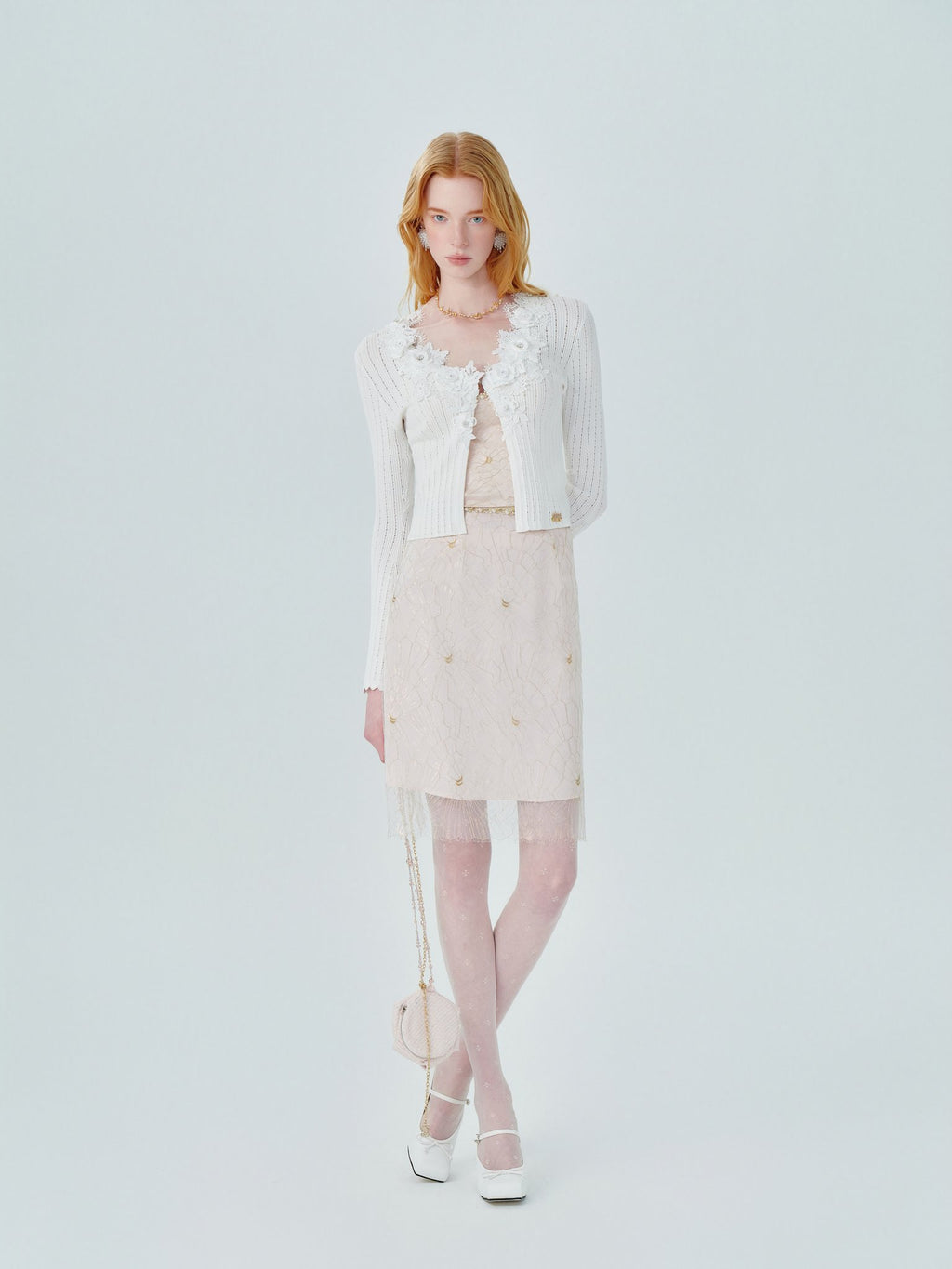 Pearl Wonderland 3D Embroidery Beaded Knit Cardigan White back view