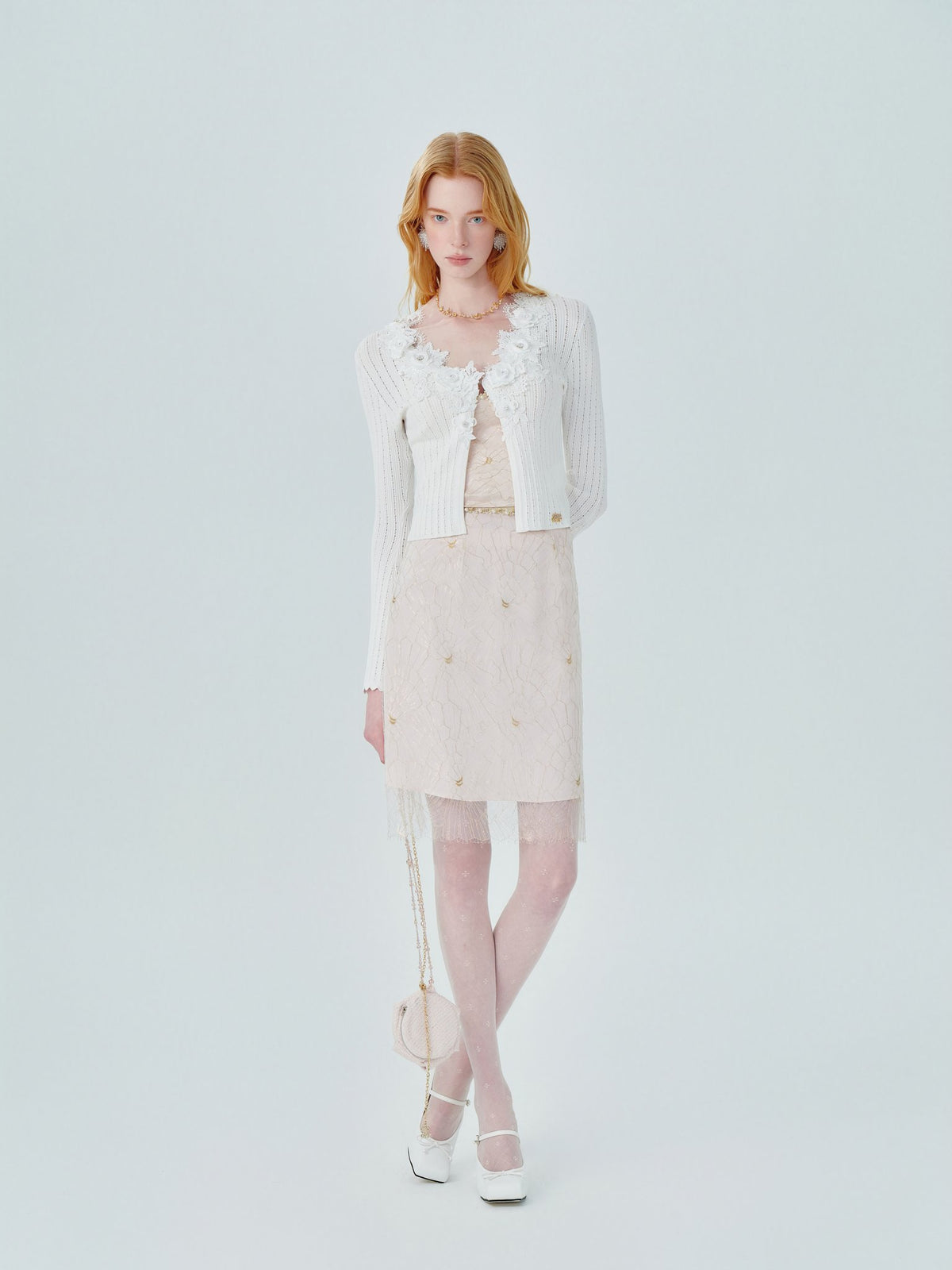 Pearl Wonderland 3D Embroidery Beaded Knit Cardigan White back view