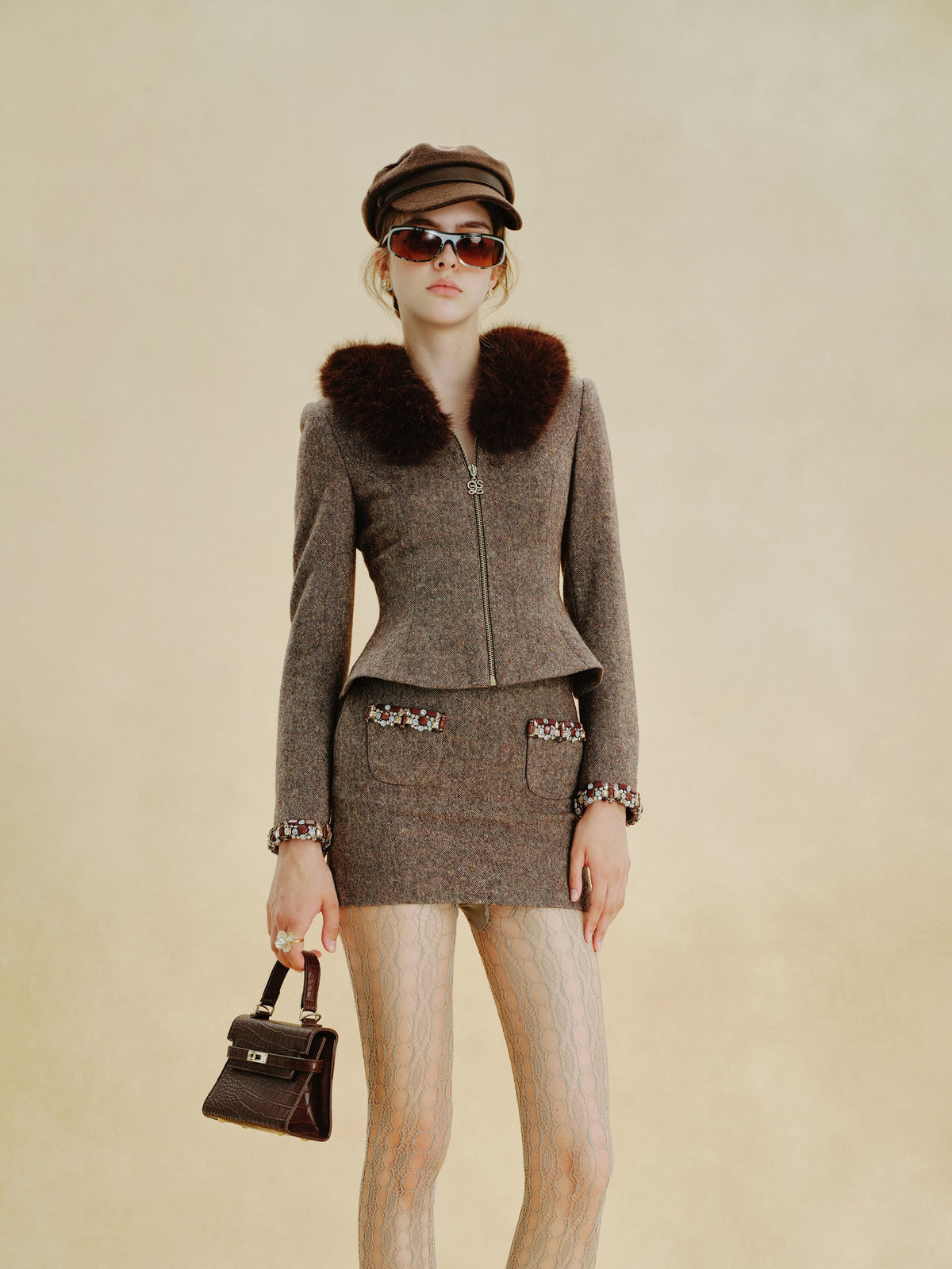 Rue Cambon Brown Fur-Collar Hourglass Jacket front detail