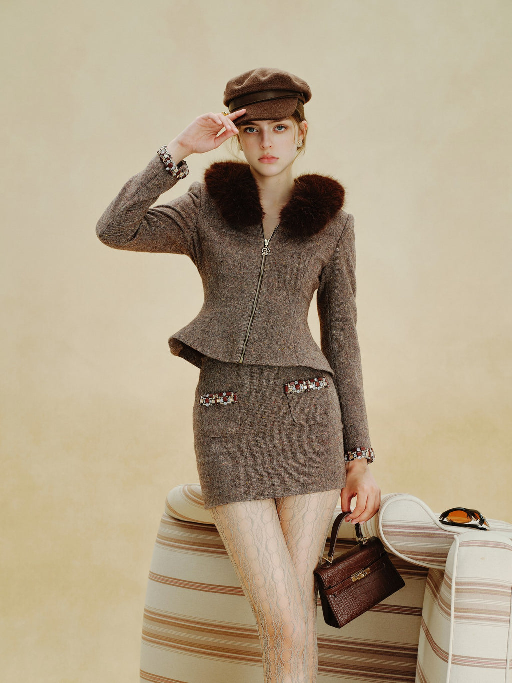 Rue Cambon Brown Fur-Collar Hourglass Jacket lookbook