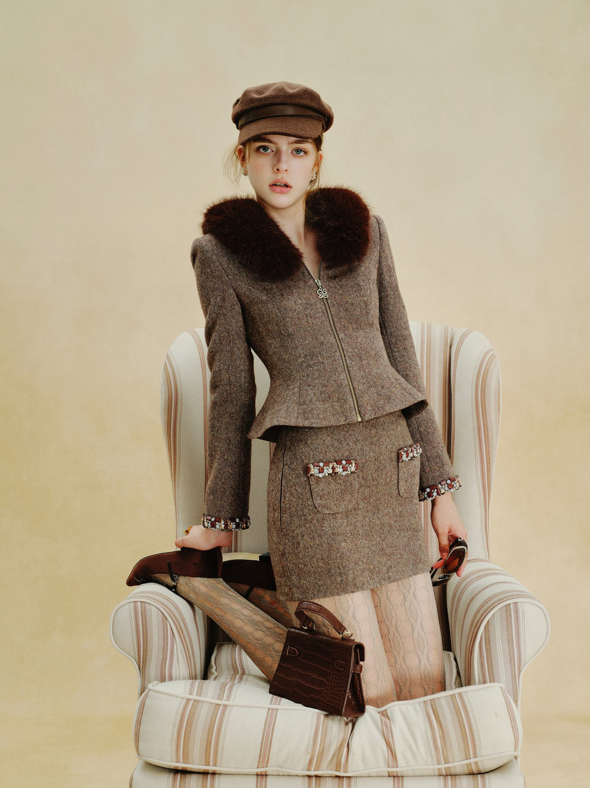 Rue Cambon Brown Fur-Collar Hourglass Jacket lookbook