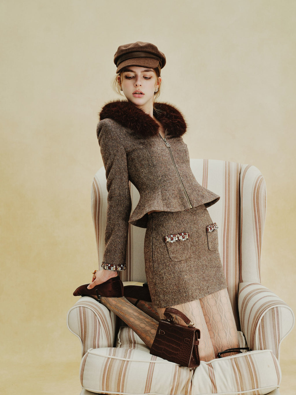 Rue Cambon Brown Fur-Collar Hourglass Jacket lookbook