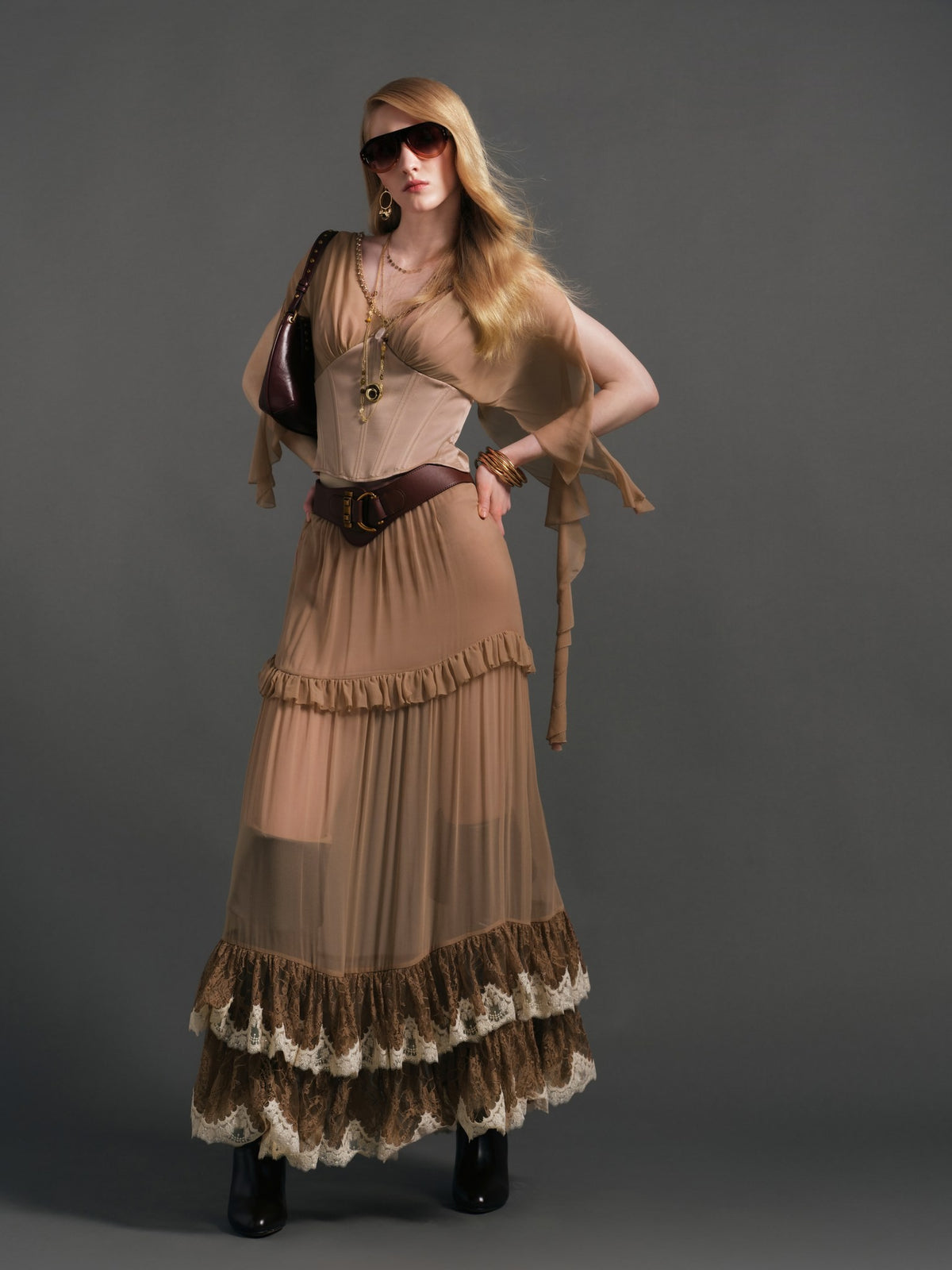 Morning Muse Brown V-Neck Patchwork Fitted Cropped Top back view