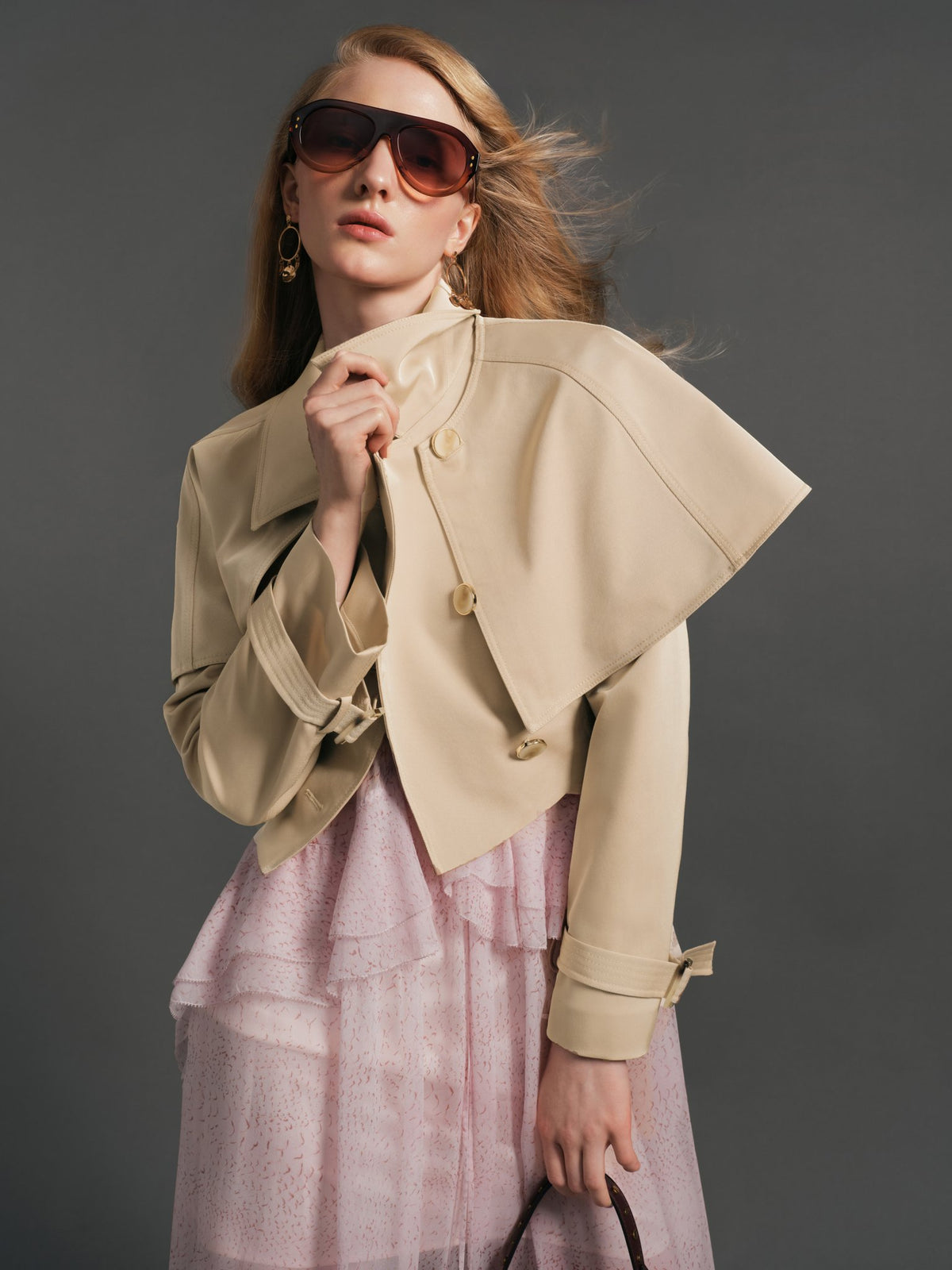 Mayfair Lapel Cape Double-Breasted Belted Short Coat Beige styling