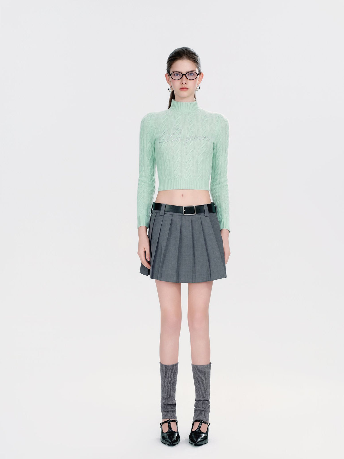 Morning Muse Green Cashmere Rhinestone Cable Knit Sweater full look
