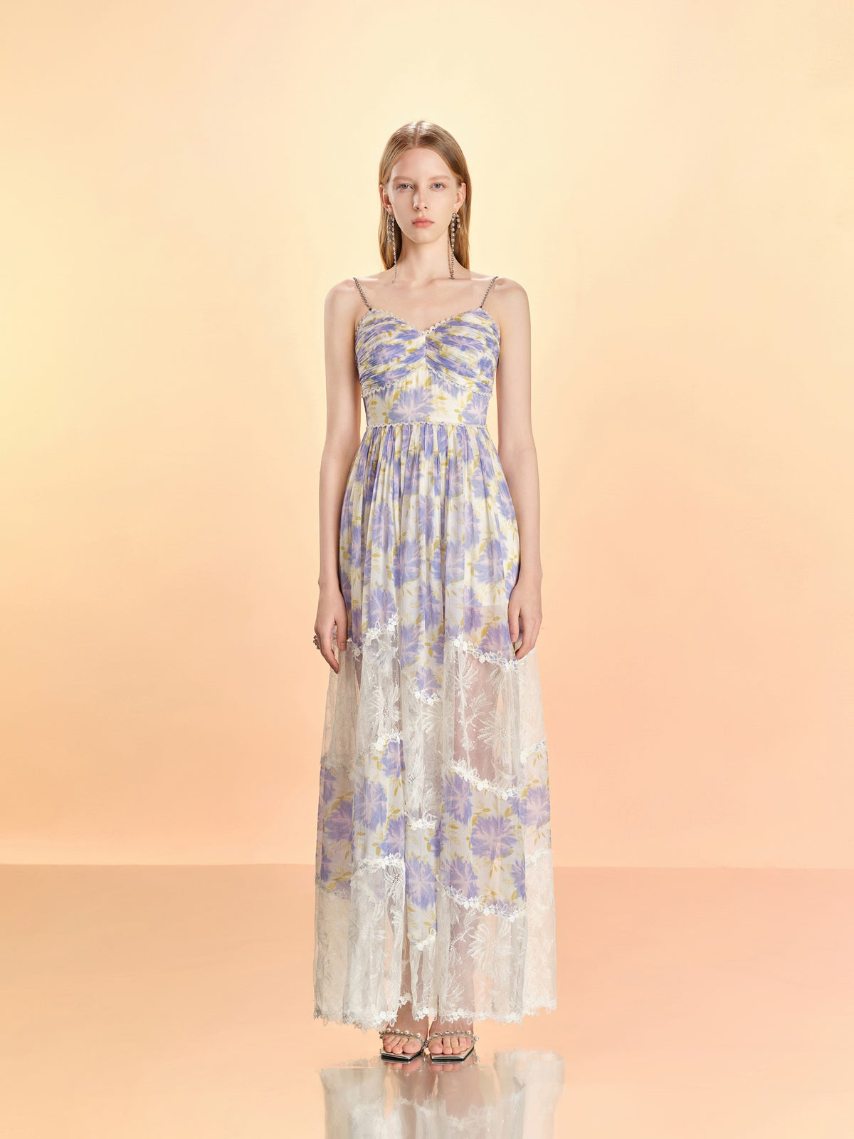Riviera Silk Print Spliced Bustier Midi Dress lace detail