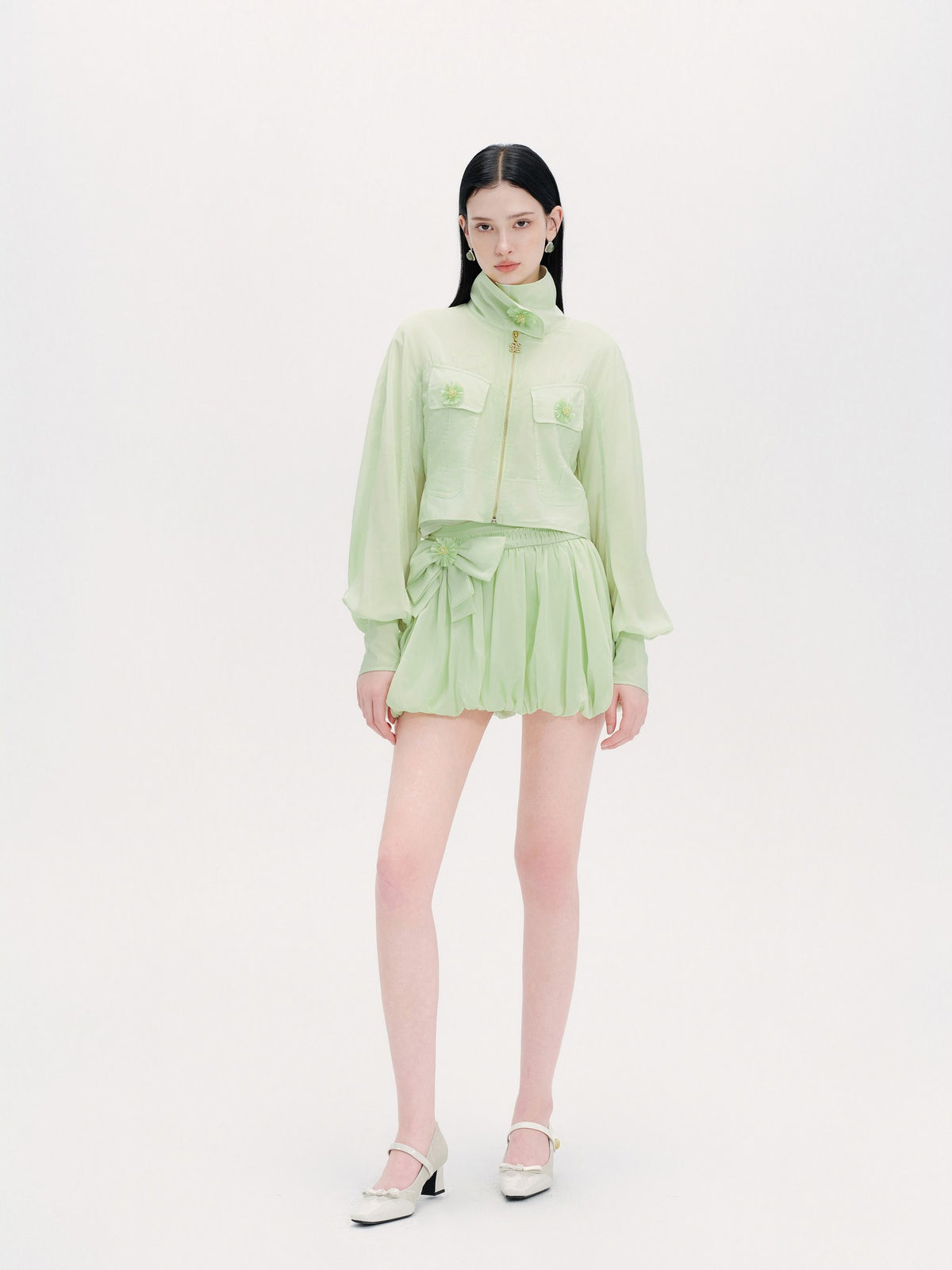 Morning Muse Green Embroidered Hooded Zip-Up Jacket front detail