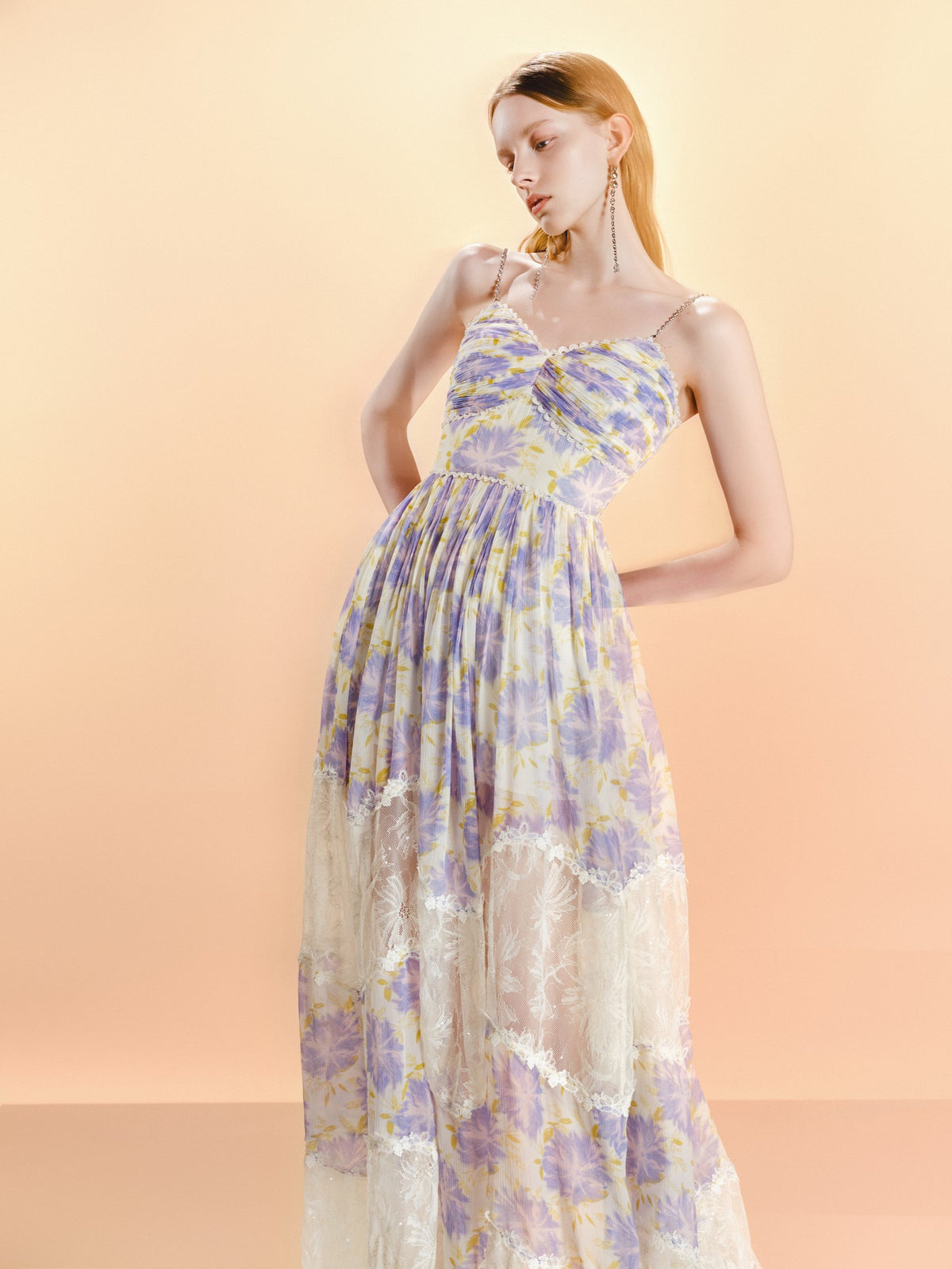 Riviera Silk Print Spliced Bustier Midi Dress flowing movement