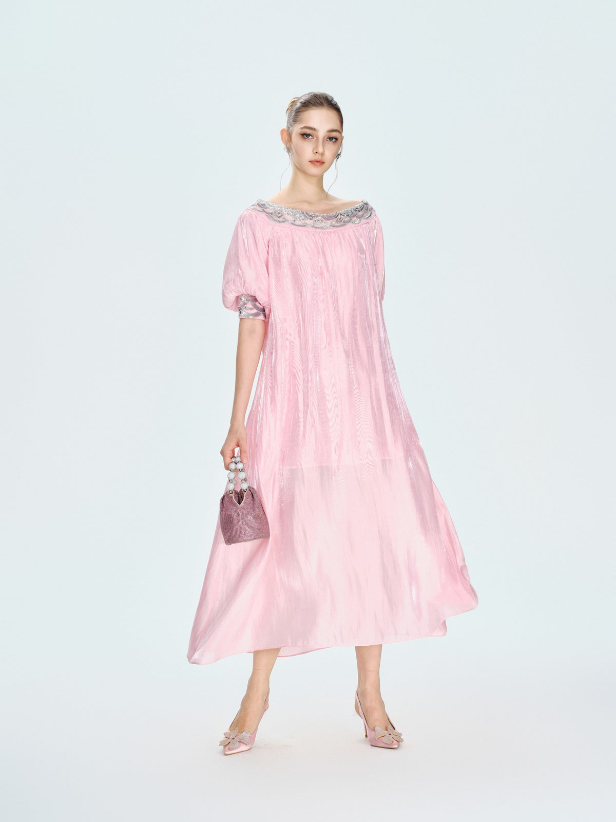 Rue Cambon Powder Pink Off-Shoulder Sequin Midi Dress front detail