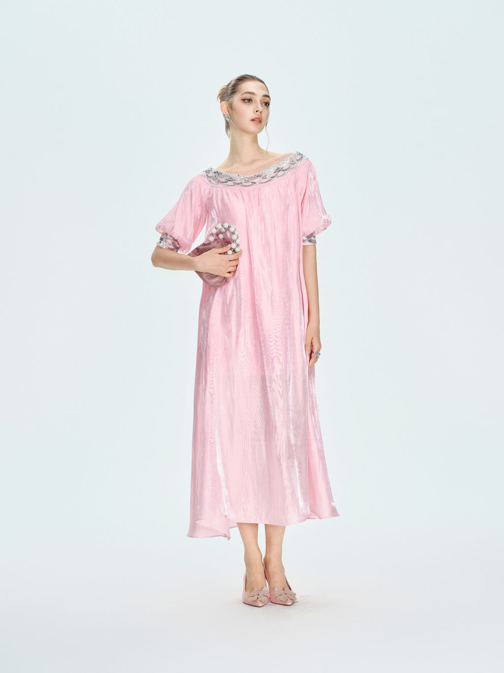 Rue Cambon Powder Pink Off-Shoulder Sequin Midi Dress side detail