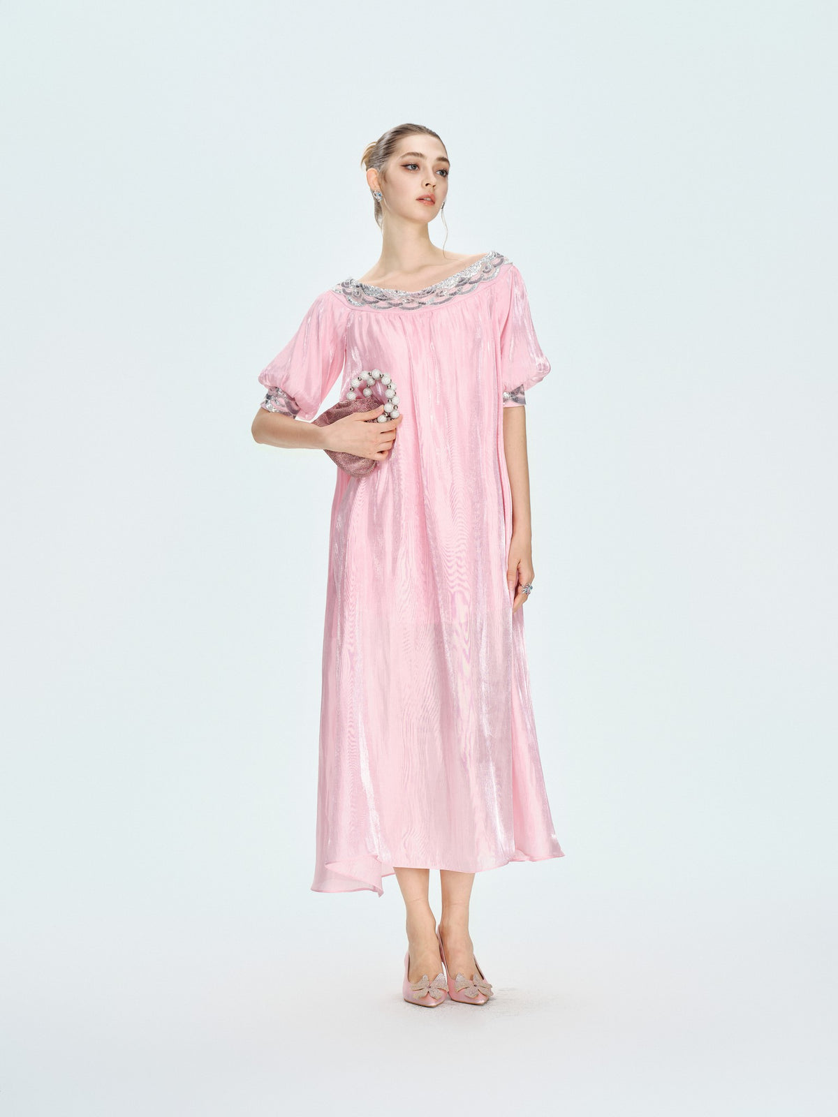 Rue Cambon Powder Pink Off-Shoulder Sequin Midi Dress side detail