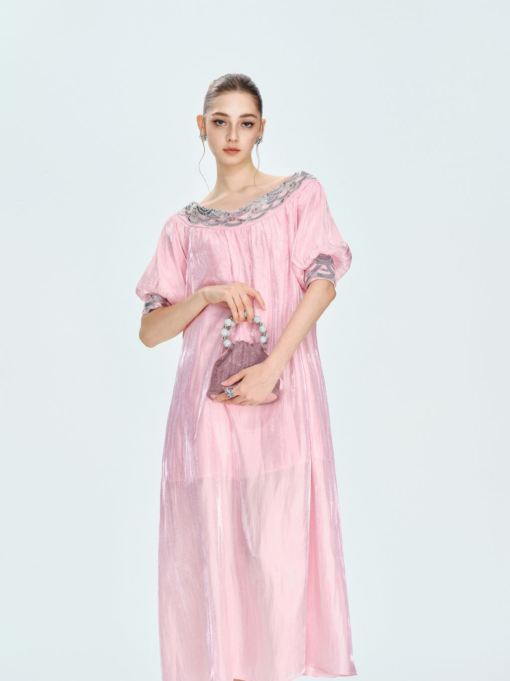 Rue Cambon Powder Pink Off-Shoulder Sequin Midi Dress lookbook
