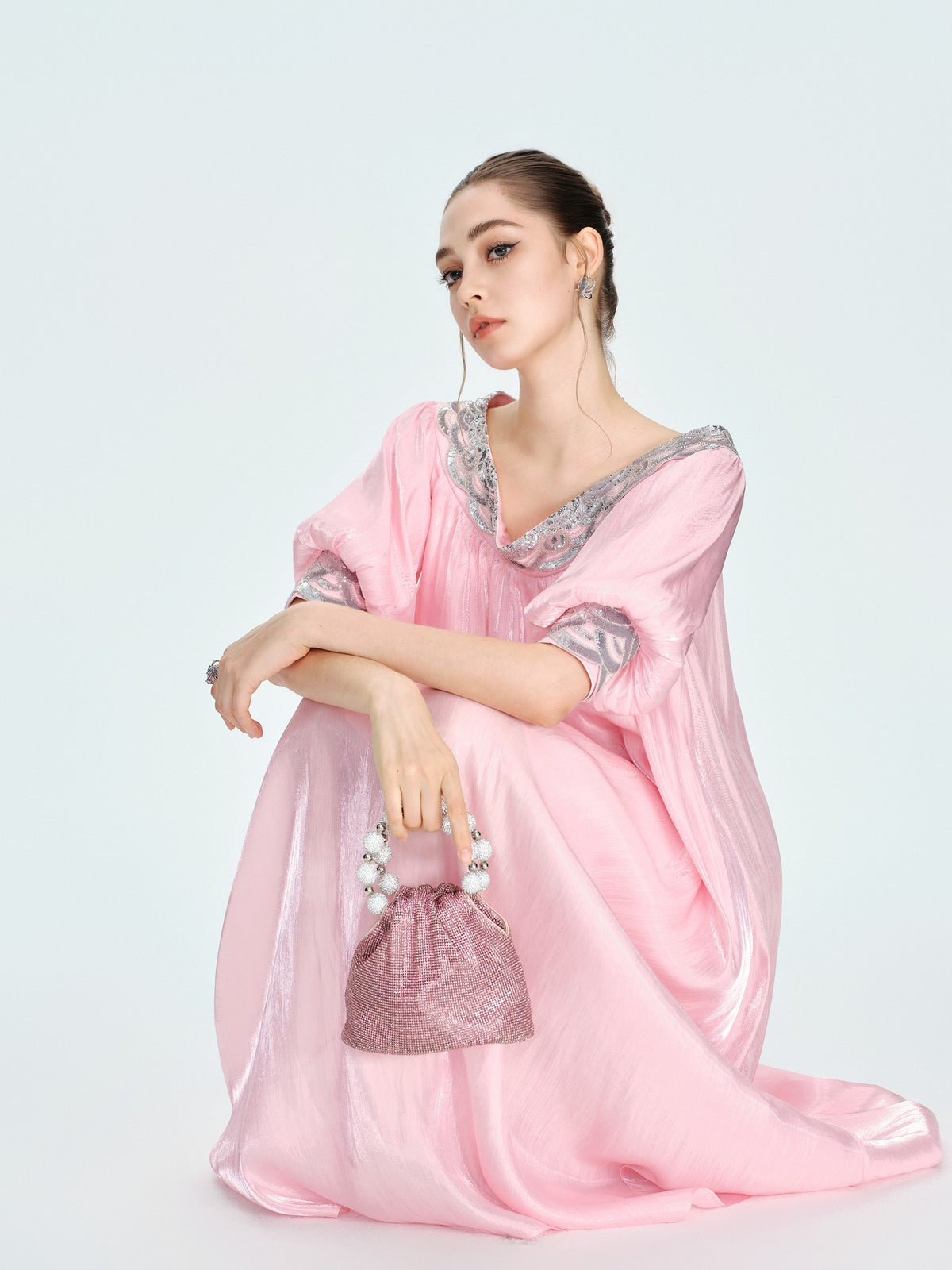 Rue Cambon Powder Pink Off-Shoulder Sequin Midi Dress lookbook