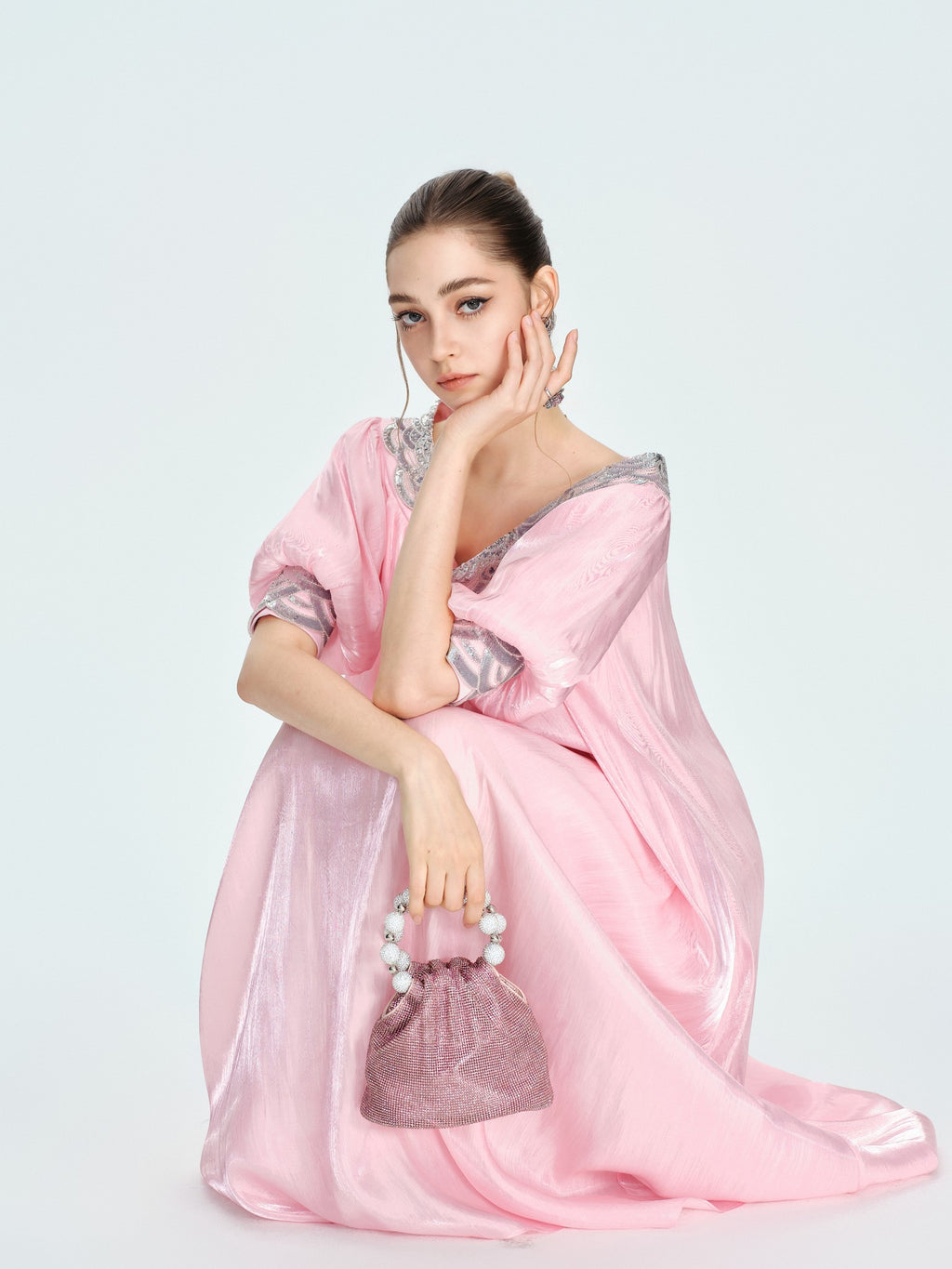 Rue Cambon Powder Pink Off-Shoulder Sequin Midi Dress lookbook