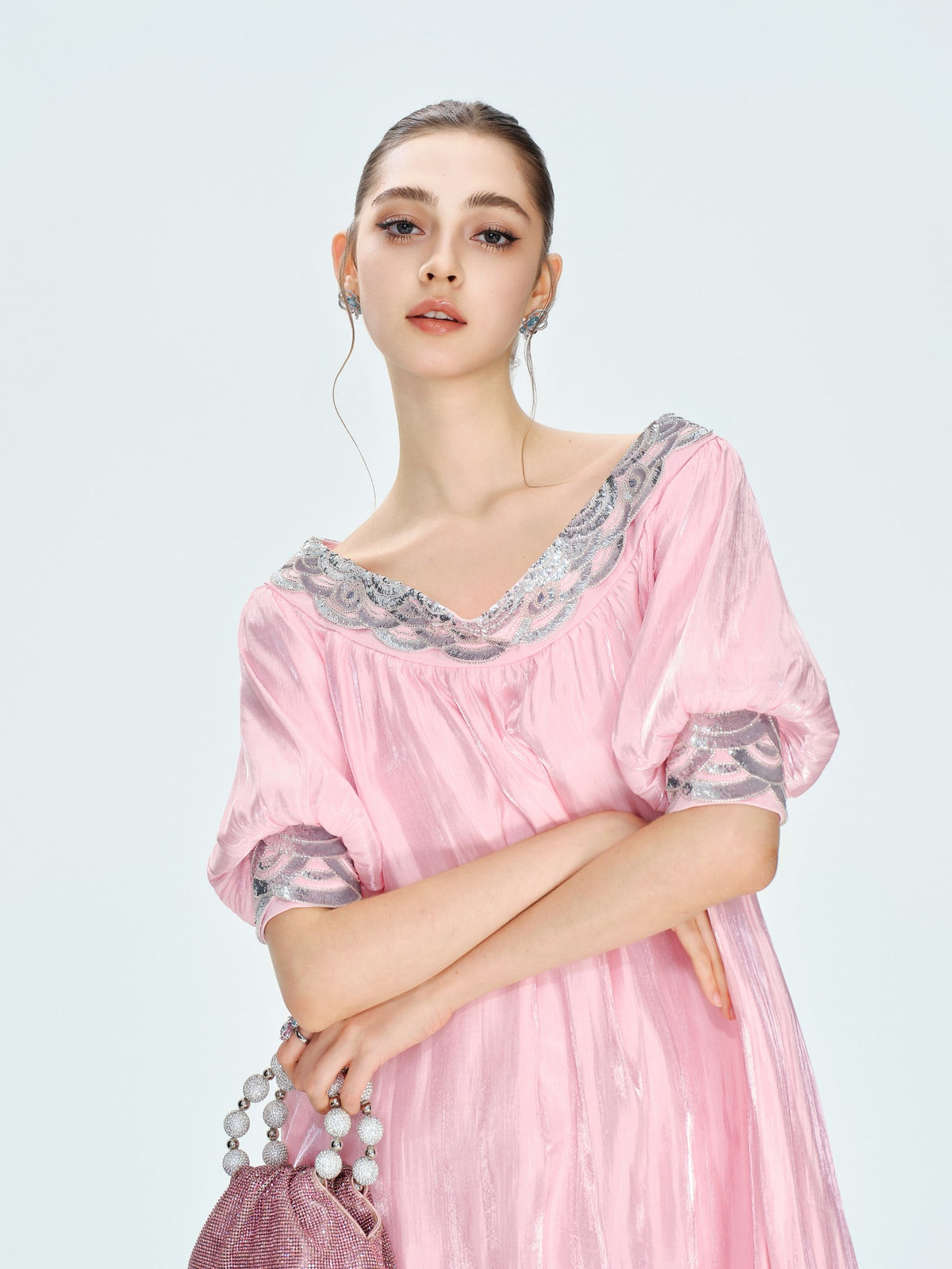 Rue Cambon Powder Pink Off-Shoulder Sequin Midi Dress lookbook