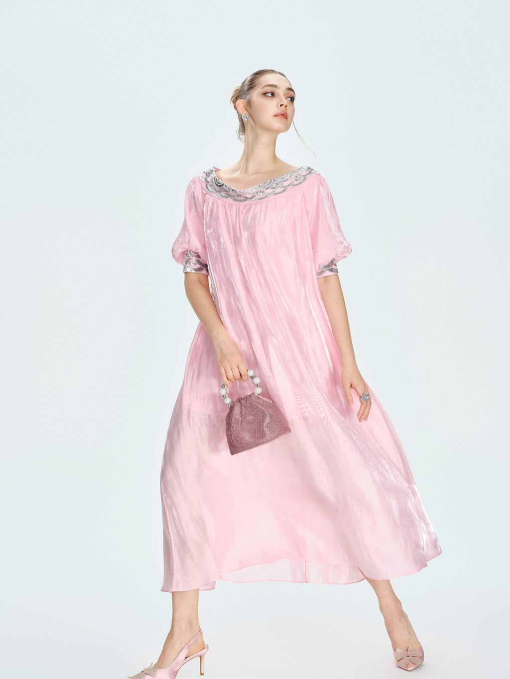 Rue Cambon Powder Pink Off-Shoulder Sequin Midi Dress back detail