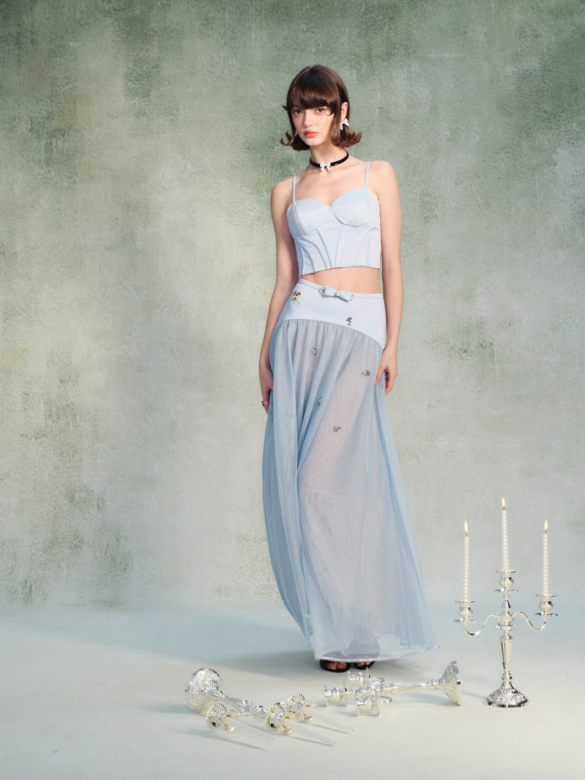 Sunset Bloom Blue Cropped Cutout Camisole fitting detail