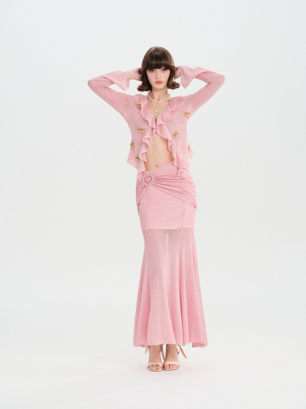 Morning Muse Pink Ruffle V-Neck Knit Two-Piece Set styling
