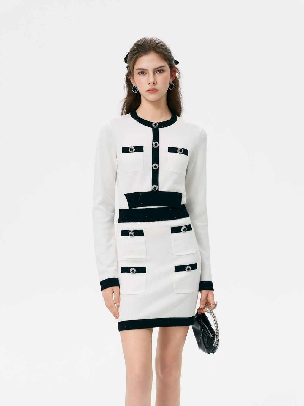 Rue Cambon White Sequin Tweed Knit Mini Dress back view