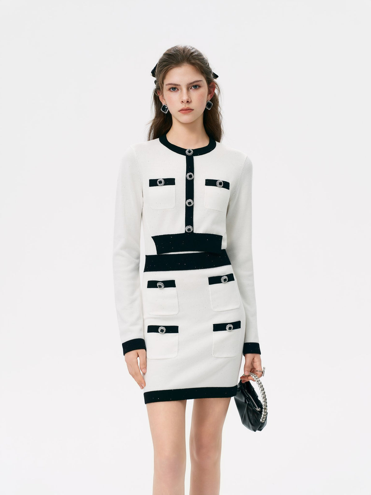 Rue Cambon White Sequin Tweed Knit Mini Dress back view