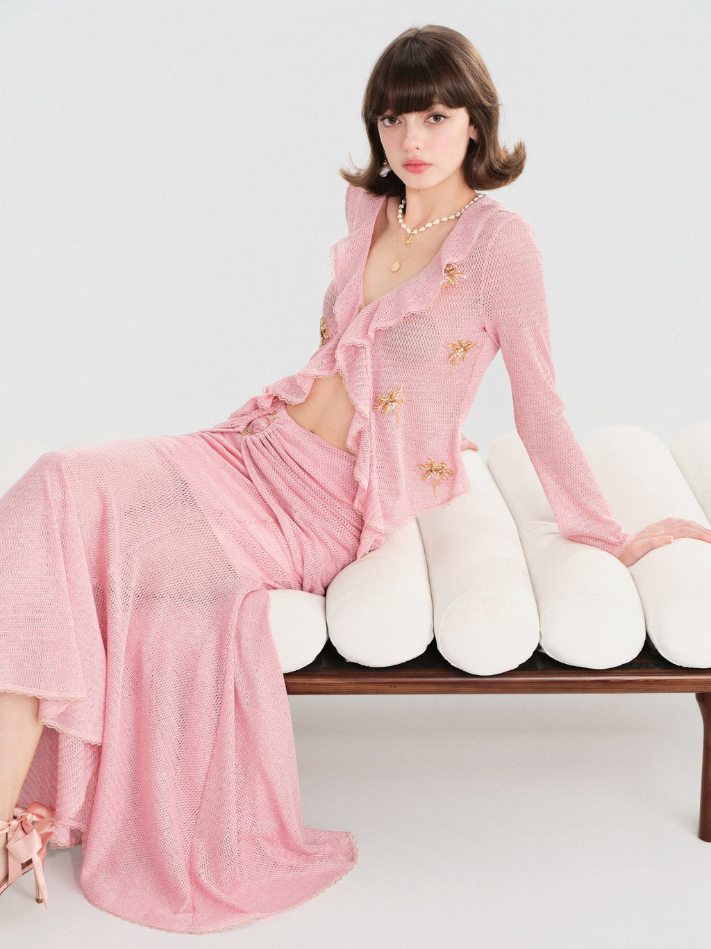 Morning Muse Pink Ruffle V-Neck Knit Two-Piece Set look