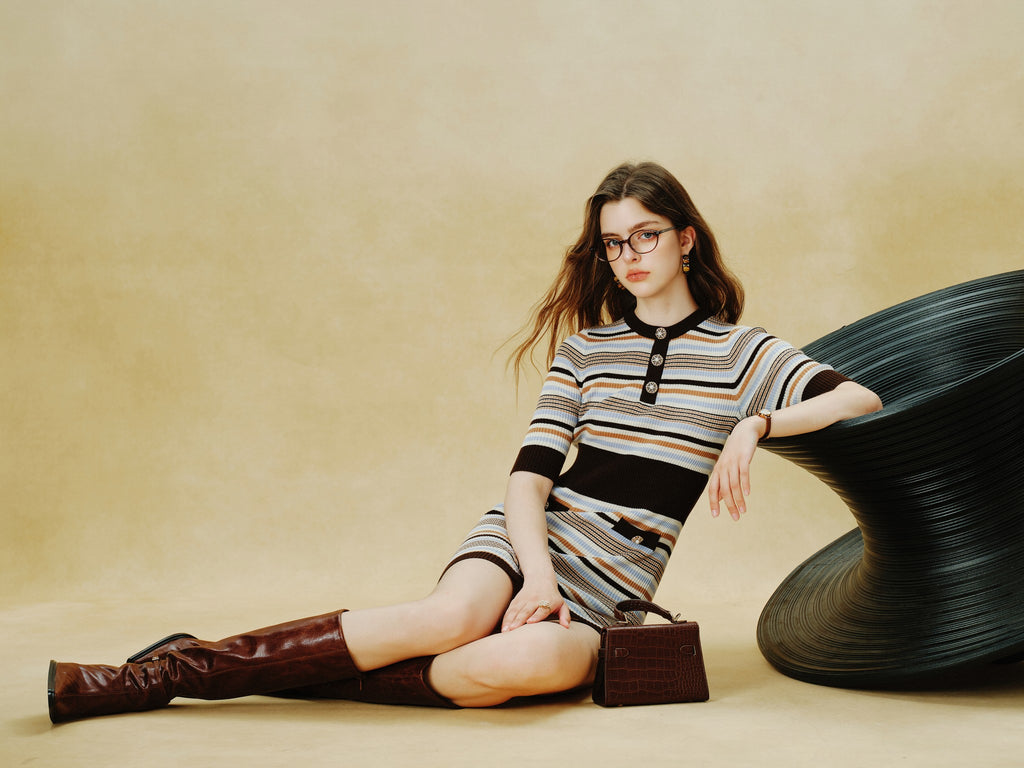 Rue Cambon Brown Striped Rhinestone Color-Block Knit Mini Dress accessory detail