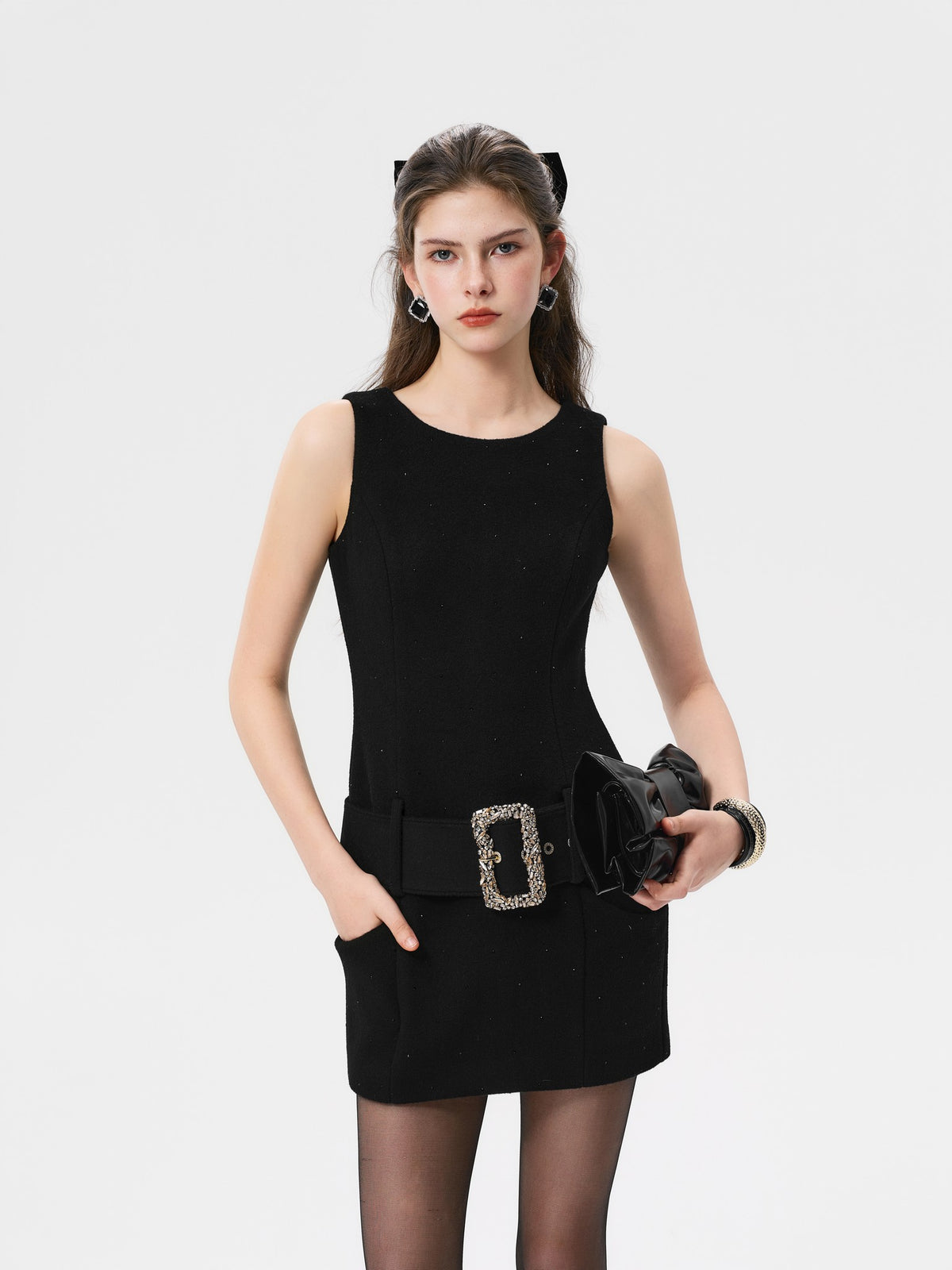 Rue Cambon Black Wool Rhinestone Slip Dress lookbook