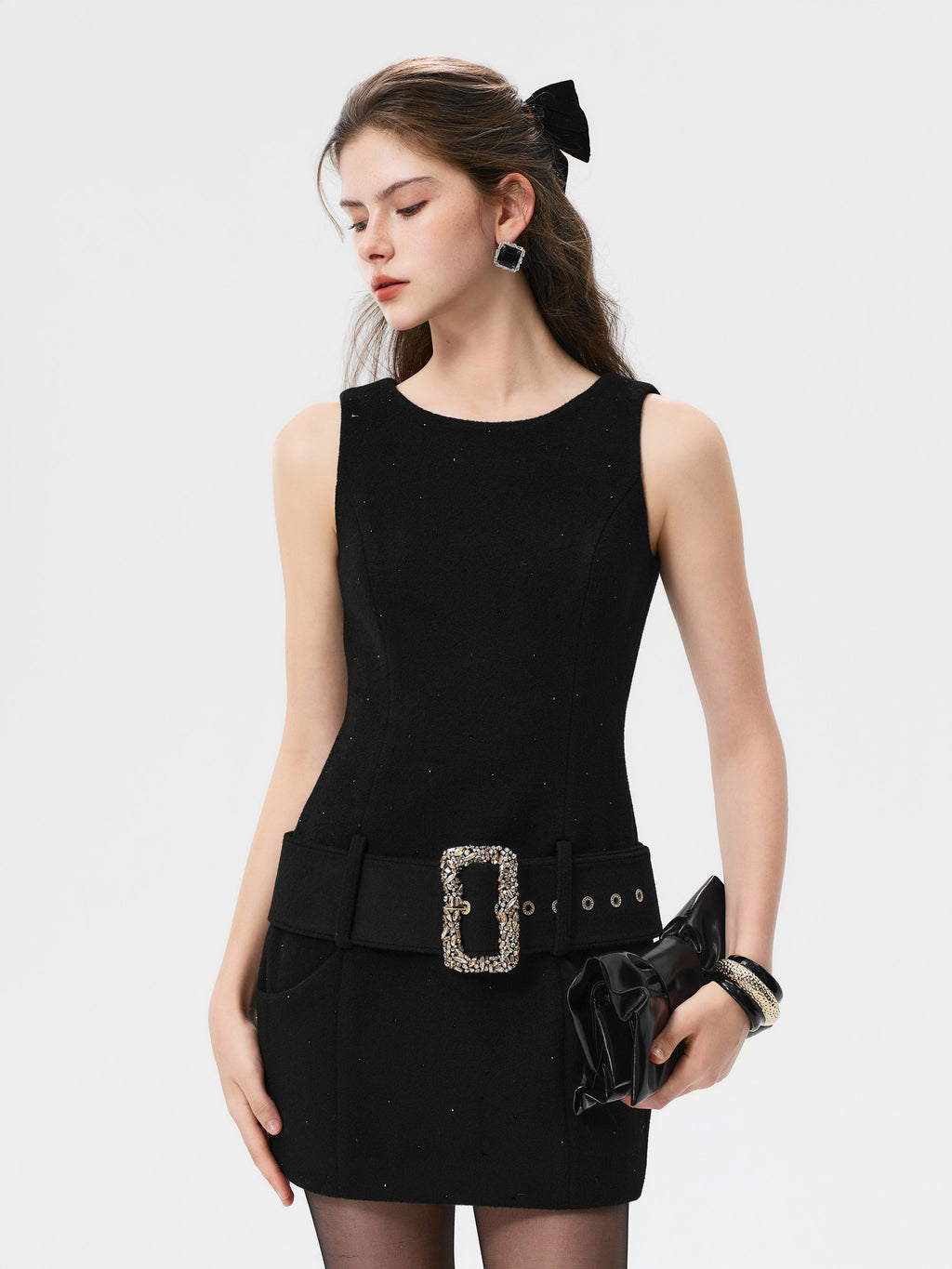 Rue Cambon Black Wool Rhinestone Slip Dress lookbook
