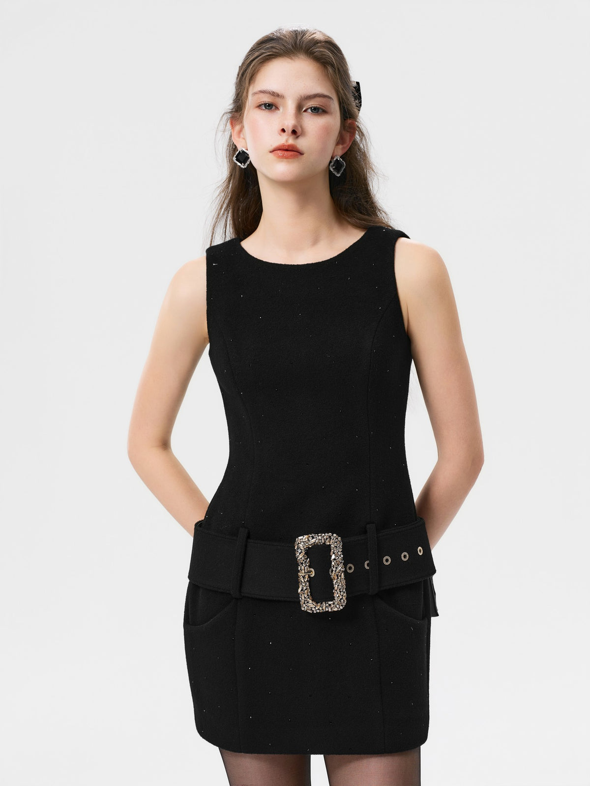Rue Cambon Black Wool Rhinestone Slip Dress lookbook