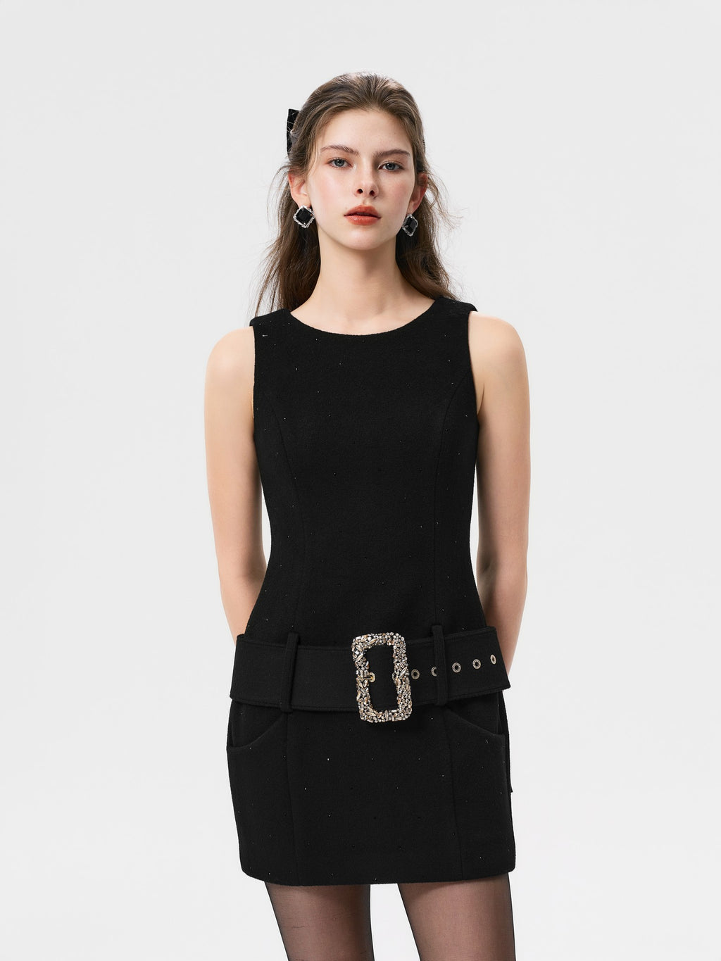Rue Cambon Black Wool Rhinestone Slip Dress lookbook