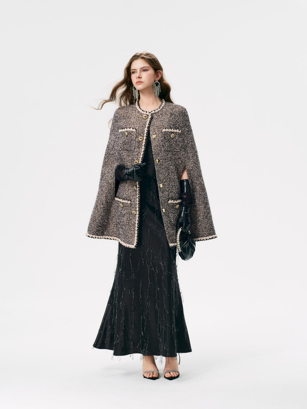 Mayfair Black-Pink Melange Tweed Cape Jacket contrast trim detail