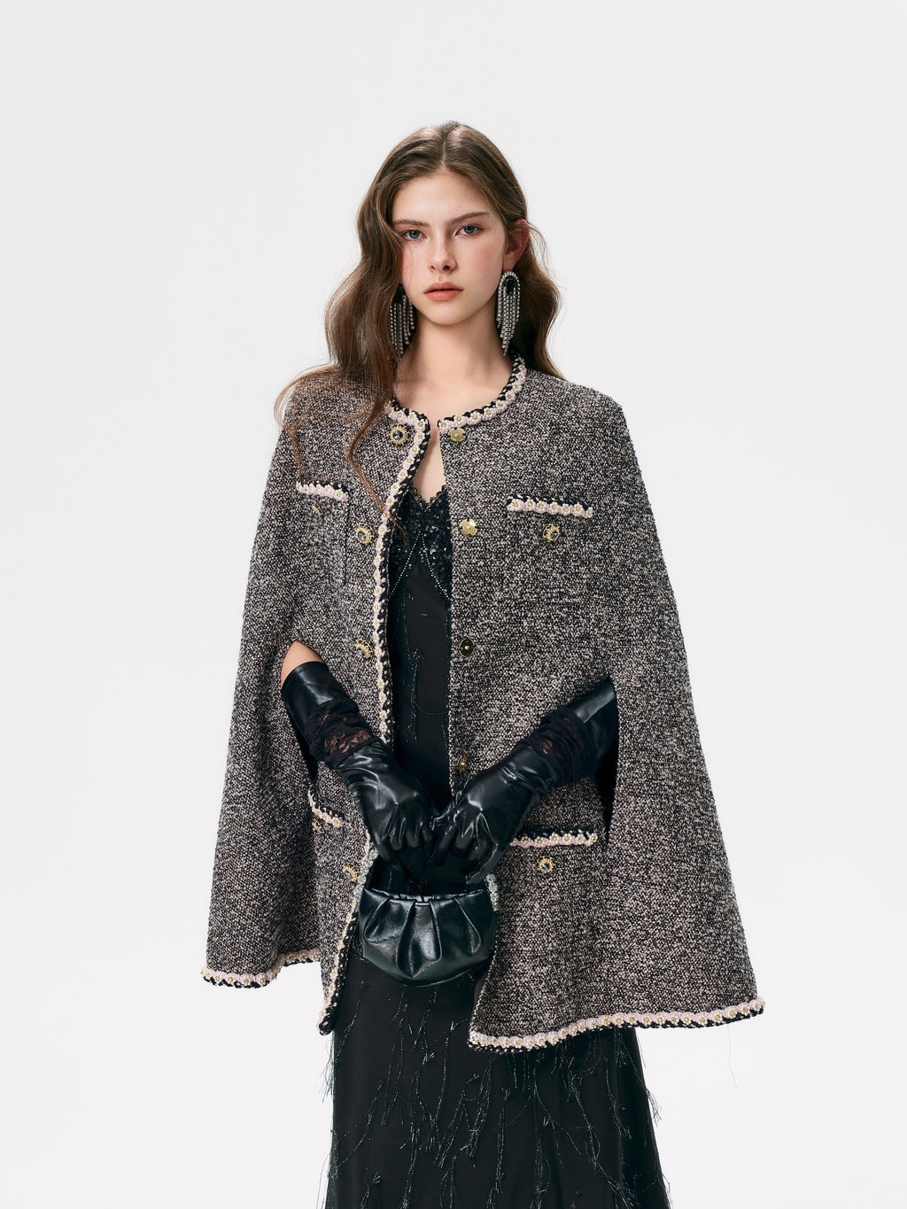 Mayfair Black-Pink Melange Tweed Cape Jacket fabric close-up