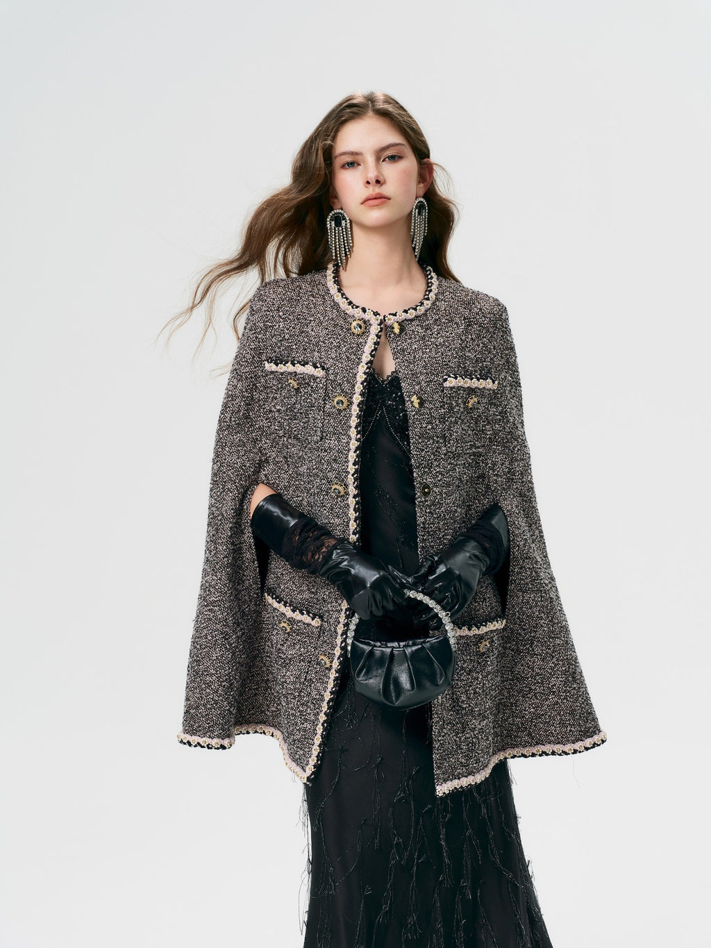 Mayfair Black-Pink Melange Tweed Cape Jacket styling