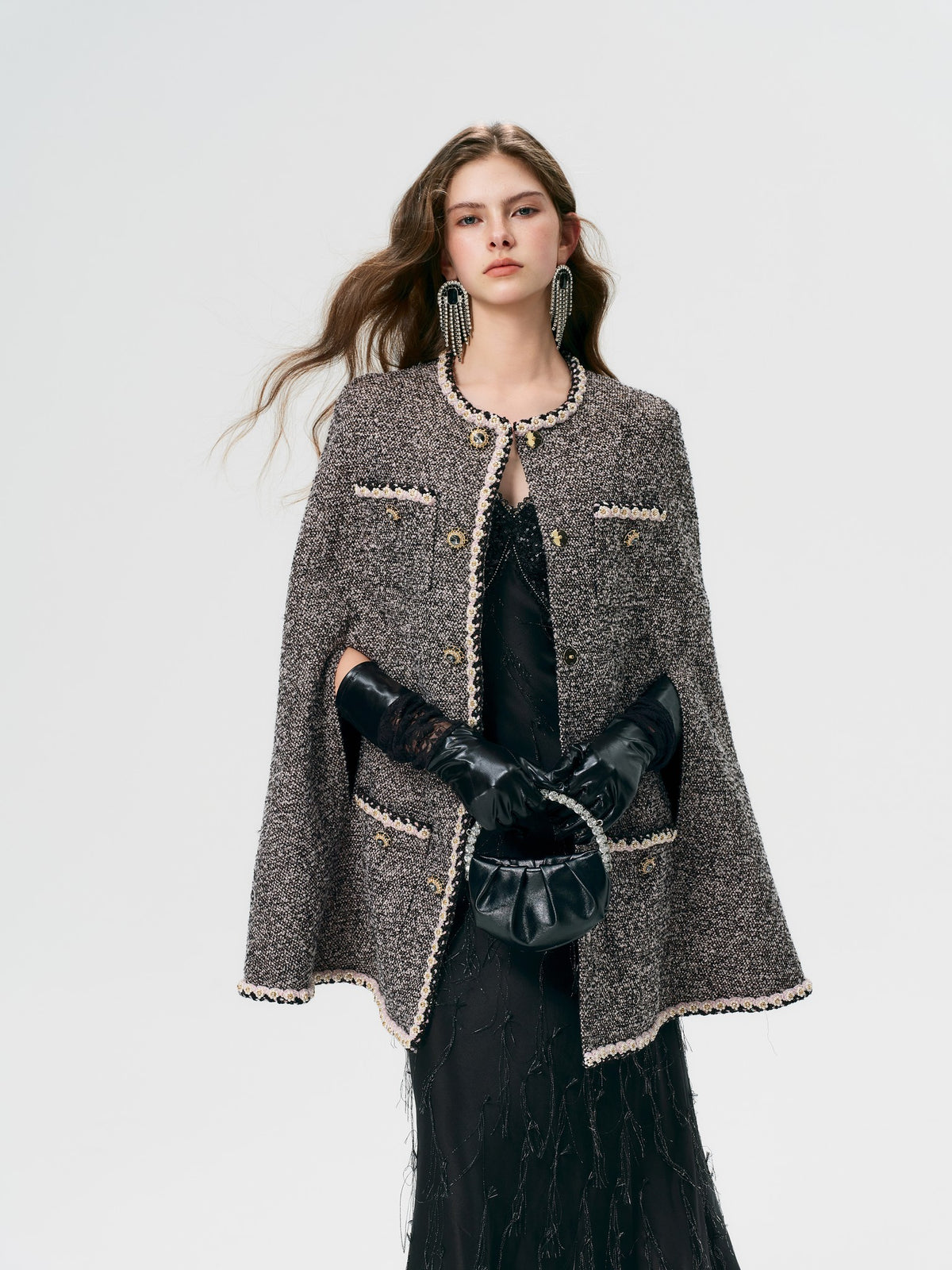 Mayfair Black-Pink Melange Tweed Cape Jacket styling