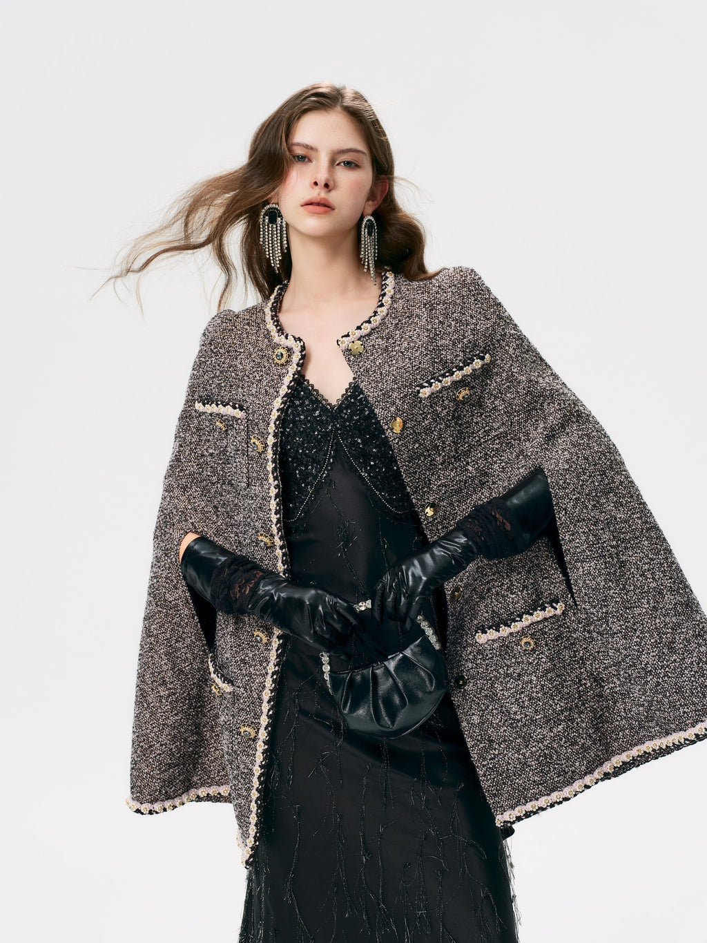 Mayfair Black-Pink Melange Tweed Cape Jacket collar detail