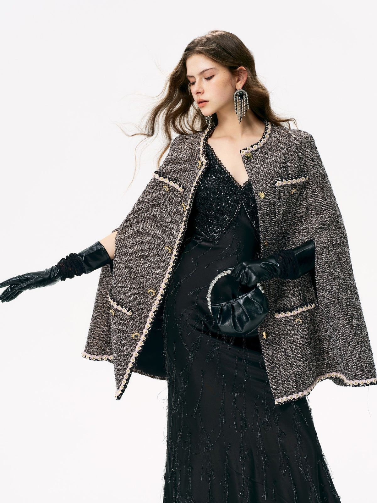 Mayfair Black-Pink Melange Tweed Cape Jacket full look 2