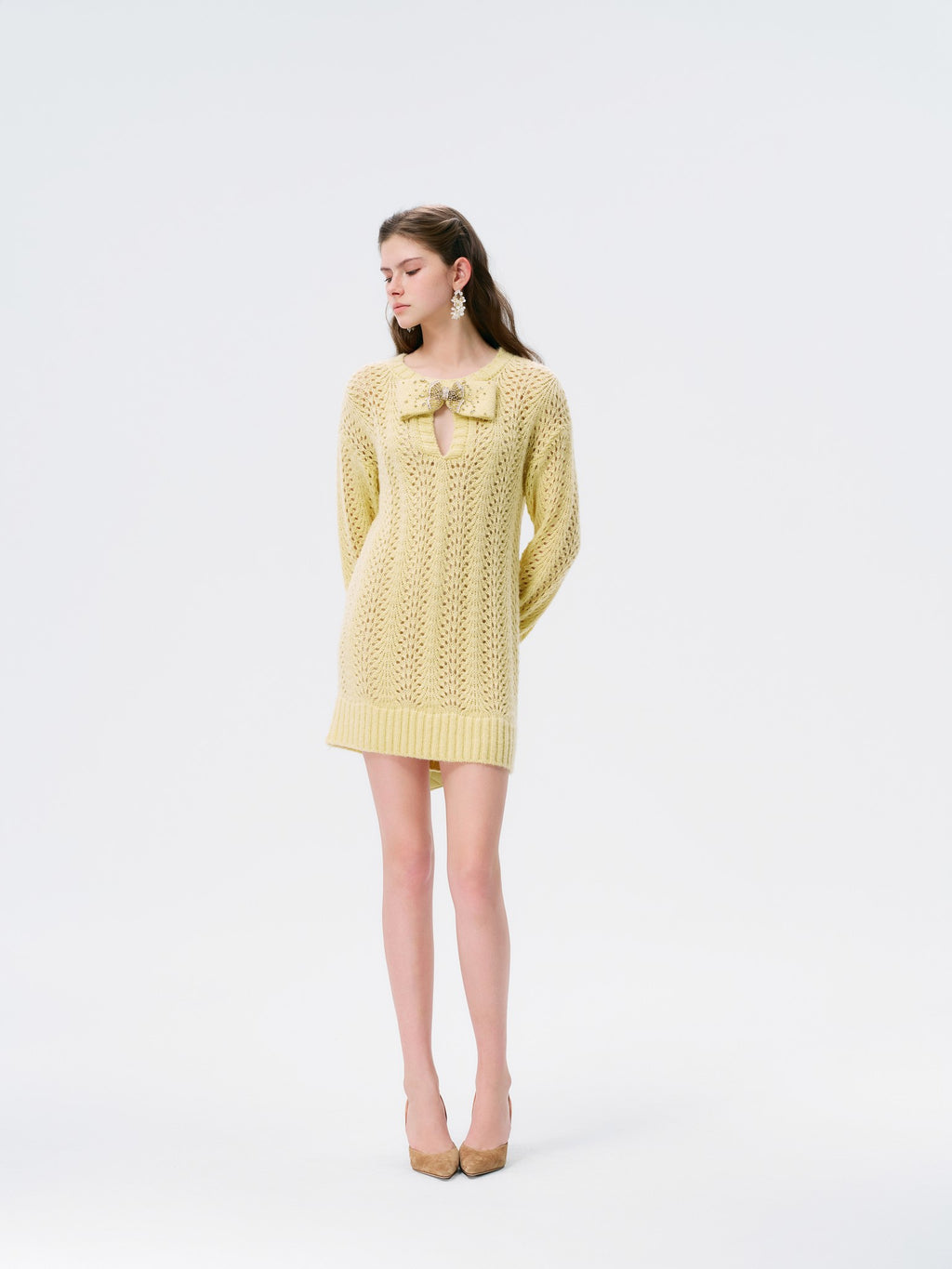 Rue Cambon Cream Bow Openwork Knit Mini Dress side detail
