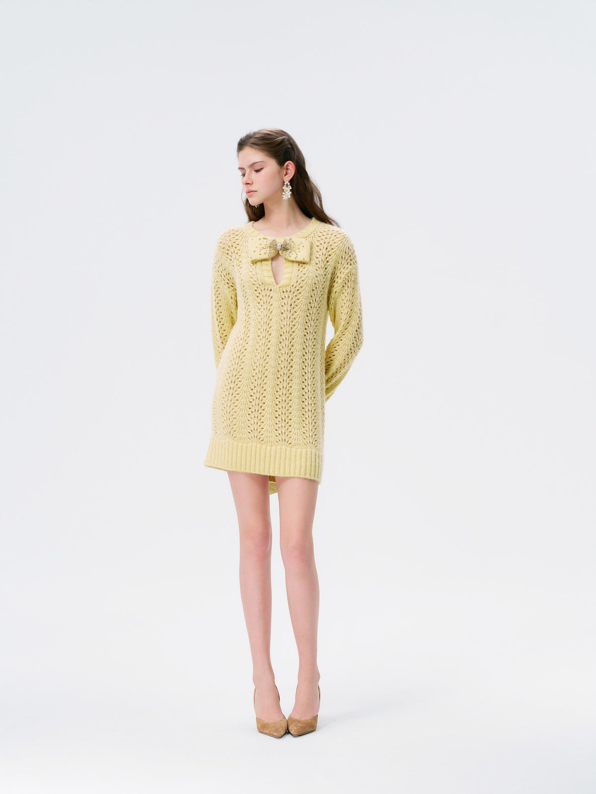 Rue Cambon Cream Bow Openwork Knit Mini Dress side detail