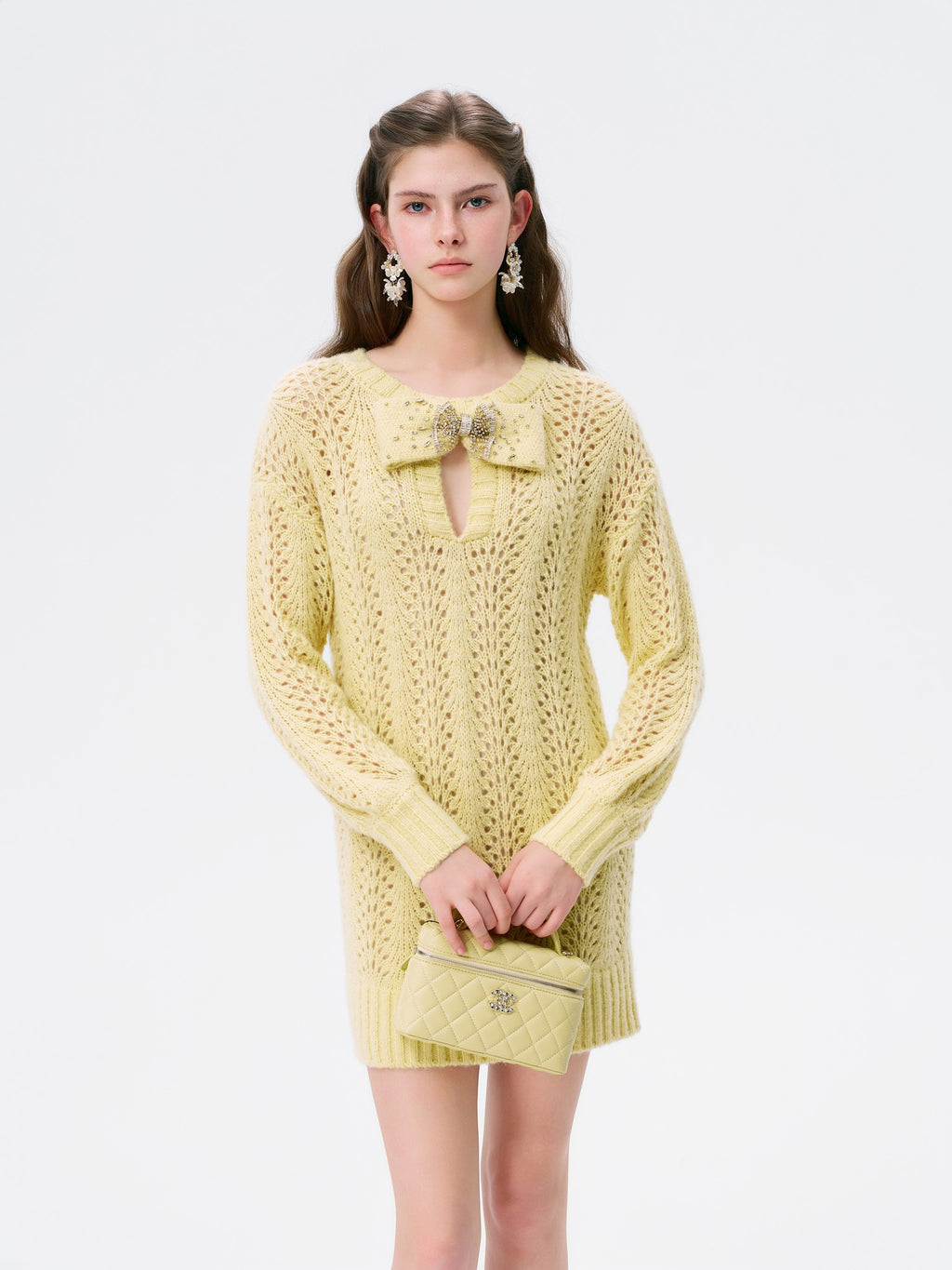 Rue Cambon Cream Bow Openwork Knit Mini Dress lookbook